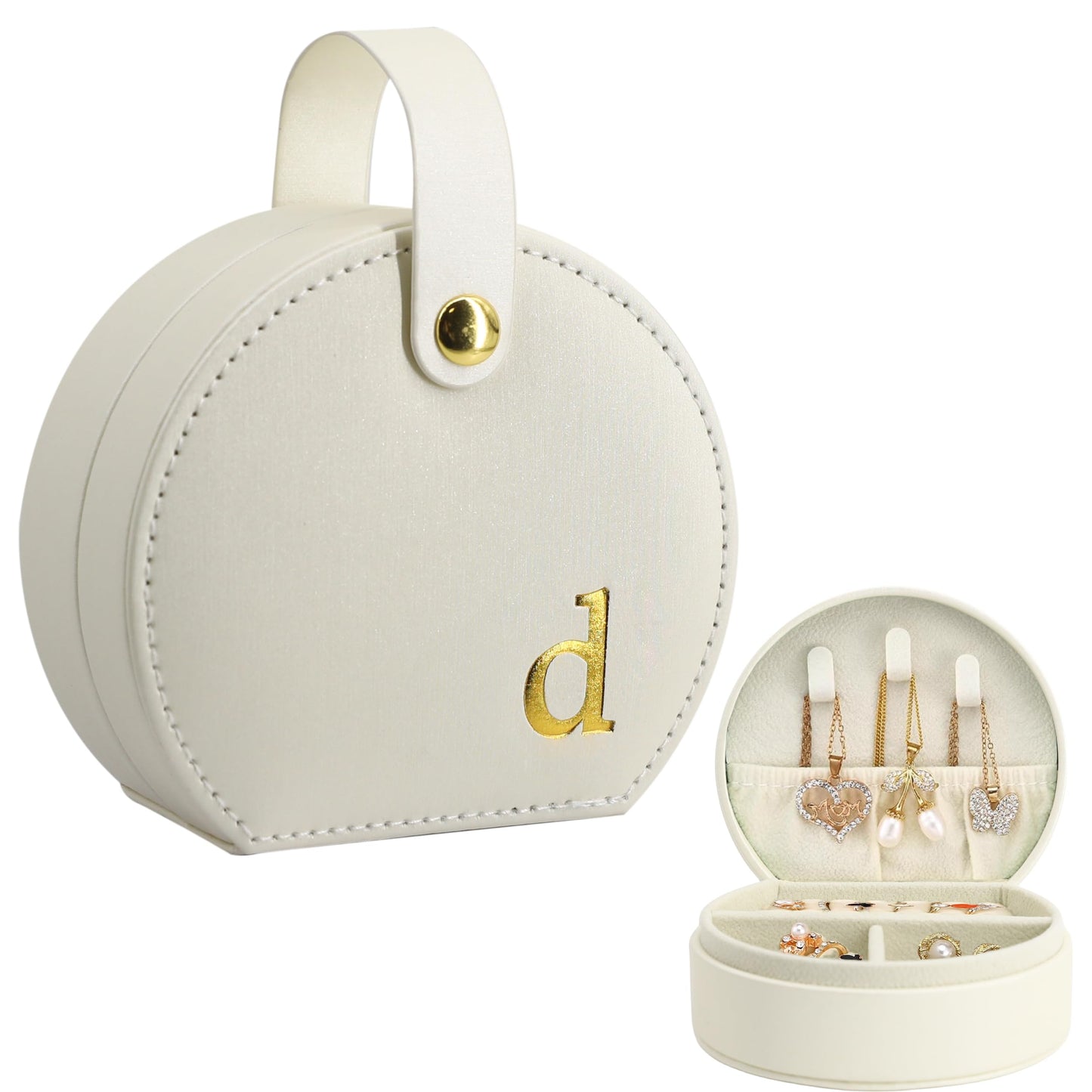 COLLECTIVE HOME - Travel Jewelry Case, Elegant Half-Moon Design with Gold Monogram, Detachable Handle, Personalized Accessory Organizer, Gift for Fashion-Forward Women and Teens (s)