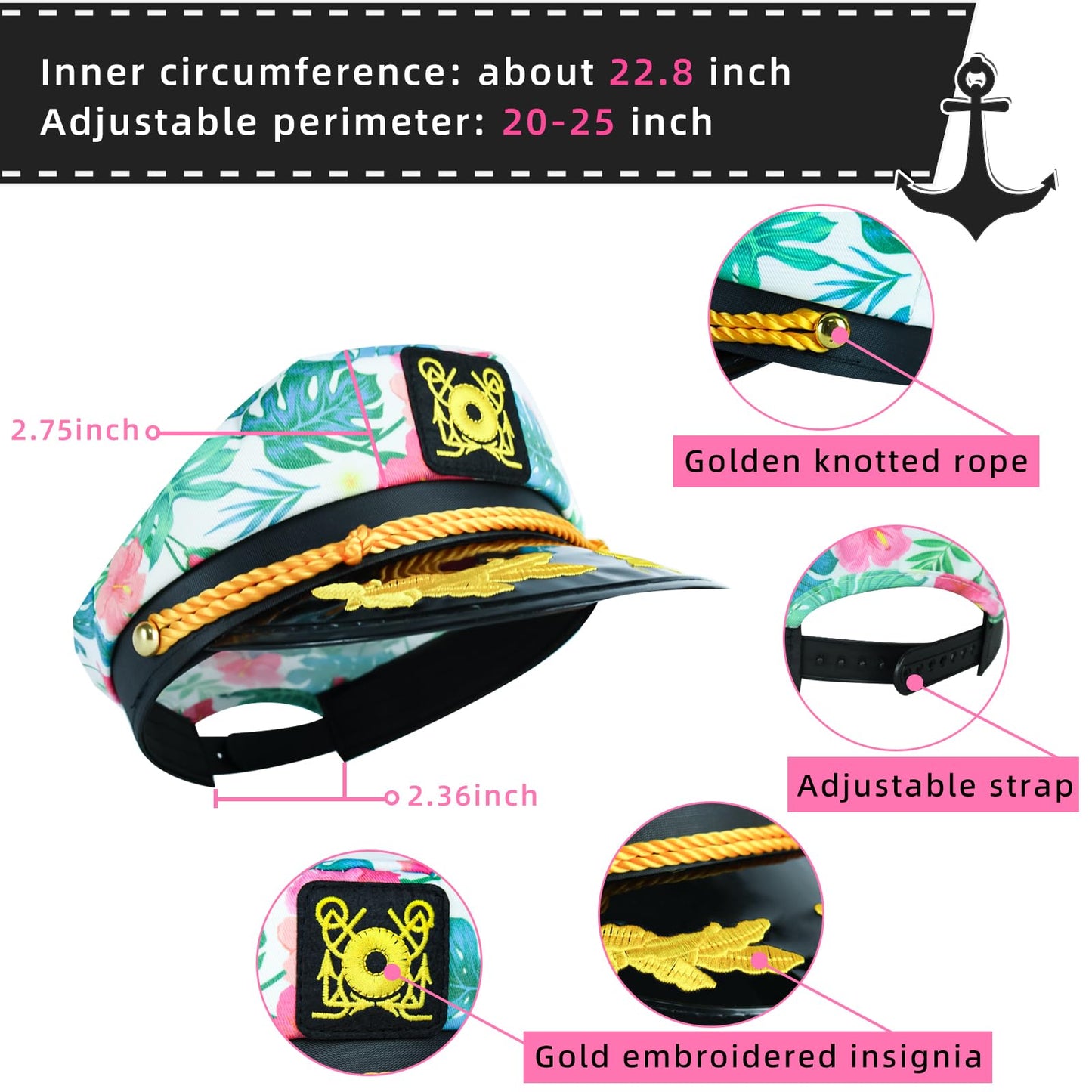 dodowin Captain Hat for Men Women Adjustable Sailor Hats Boat Cruise Yacht Rock Party Costume Beach Essential Hawaiian Outfit