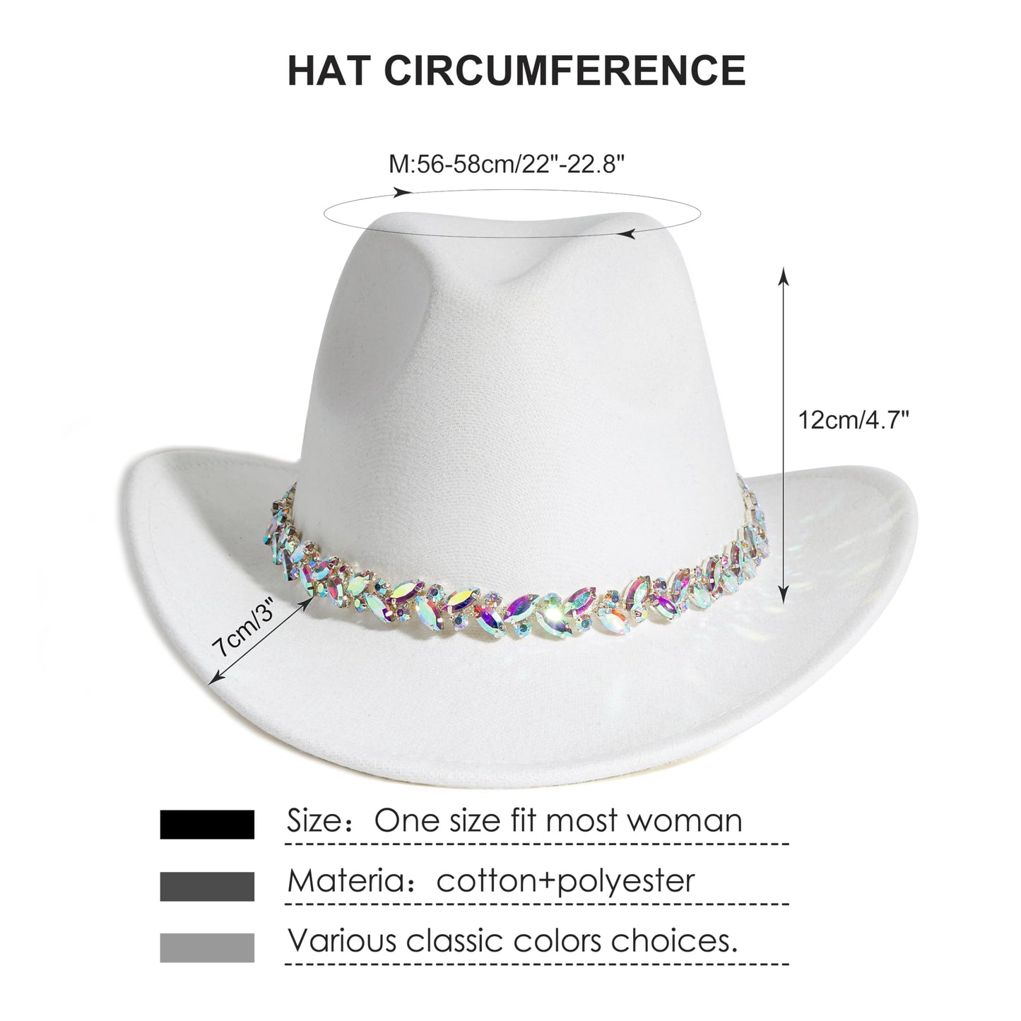 Women Rhinestone Cowboy Hat Wide Brim Felt Cowgirl Hats Shiny Party Wedding Hat