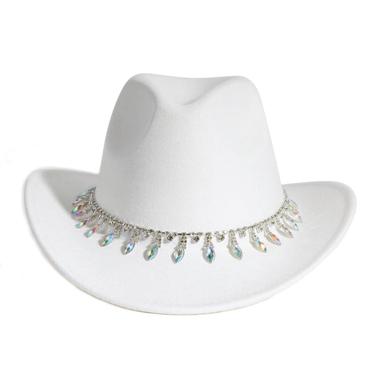 Women Rhinestone Cowboy Hat Wide Brim Felt Cowgirl Hats Shiny Party Wedding Hat