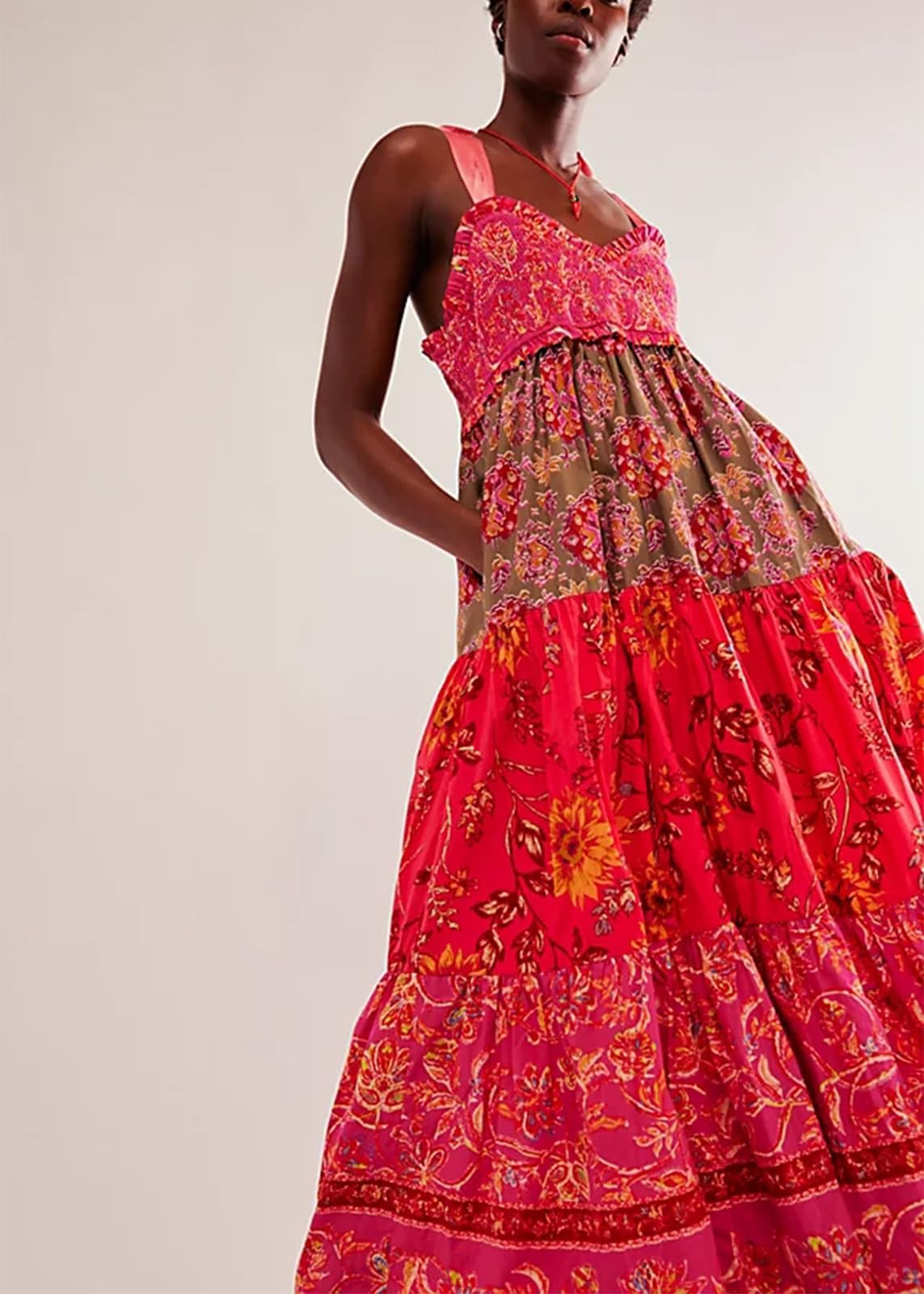 Women Summer Dresses Flowy Smocked Maxi Dress Sleeveless Tie Shoulder Boho Dresses Y2K Floral Beach Sundresses