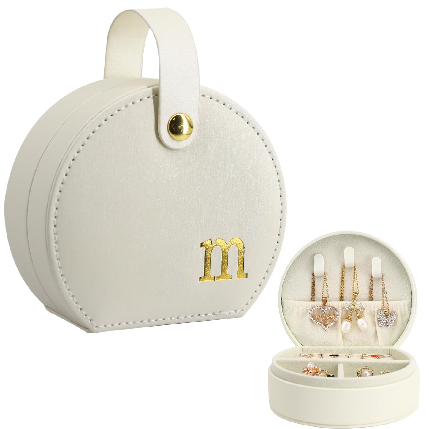 COLLECTIVE HOME - Travel Jewelry Case, Elegant Half-Moon Design with Gold Monogram, Detachable Handle, Personalized Accessory Organizer, Gift for Fashion-Forward Women and Teens (s)