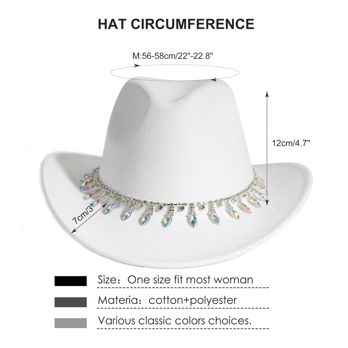 Women Rhinestone Cowboy Hat Wide Brim Felt Cowgirl Hats Shiny Party Wedding Hat