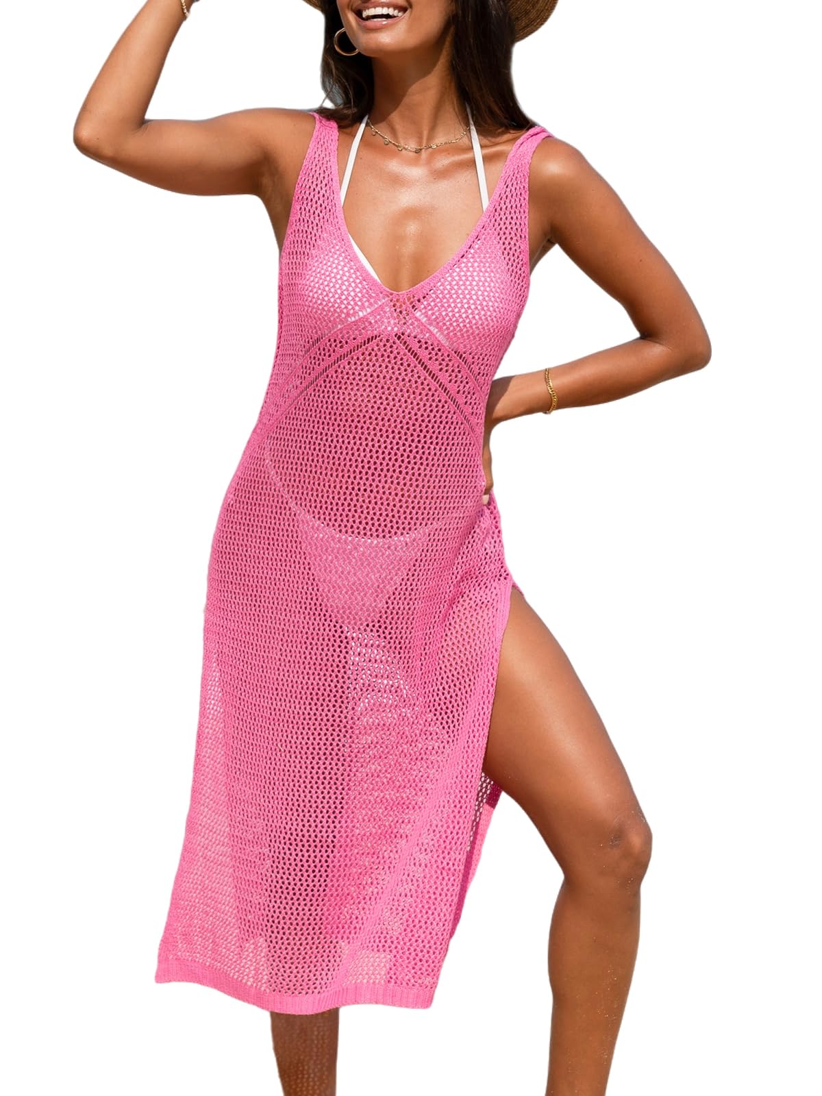 CUPSHE Women Crochet Swimsuit Cover Up Sleeveless Hollow Out Long Swimwear Coverup 2025 Split Mesh Beach Dress