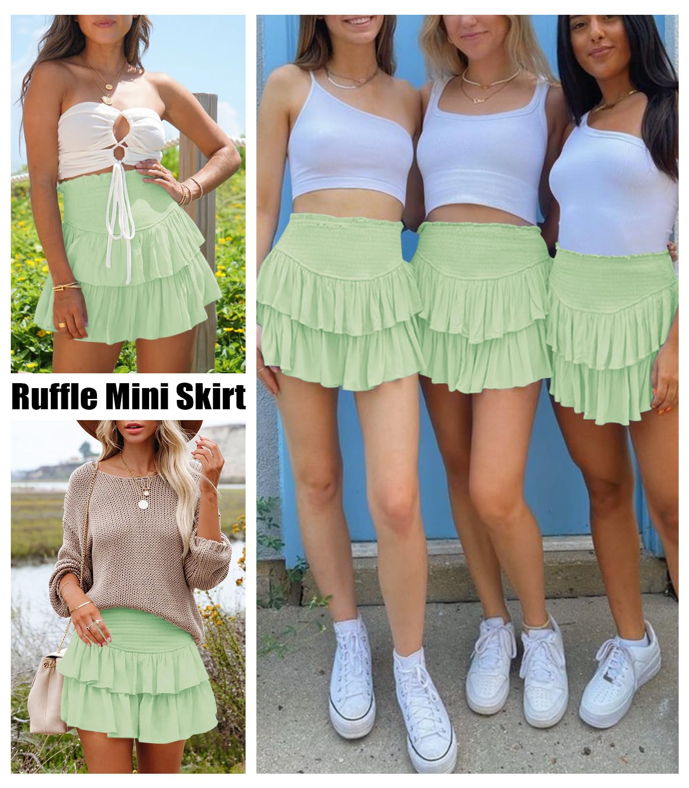 Women's Cute High Waist Ruffle Mini Skirt Layered Ruffle Hem Flared Flowy Casual Swing Beach Mini Short Skirt