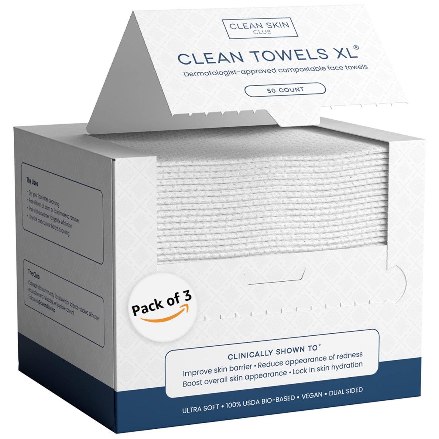 Clean Skin Club Clean Towels XL™, 100% USDA Biobased Face Towel, Disposable Face Towelette, Eczema Association Accepted, Makeup Remover Dry Wipes, Ultra Soft, 50 Ct, 1 Pack