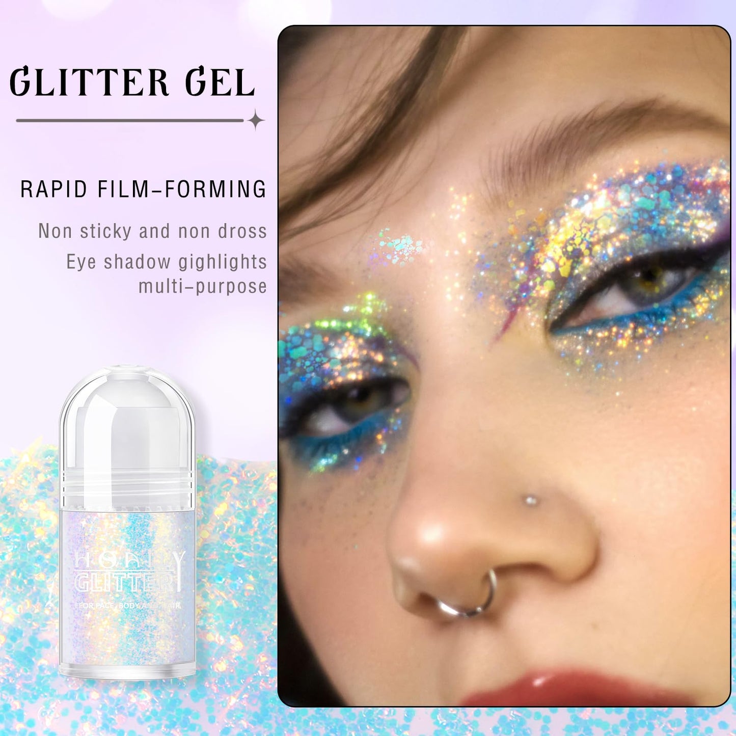 Roll-on Holographic Body Glitter Gel for Face Hair, Chameleon Color Changing Glitter Gel Under Light, Chunky Mermaid Sequins Festival Party Rave Accessories Shimmer Makeup (8# Sparkling Pink)