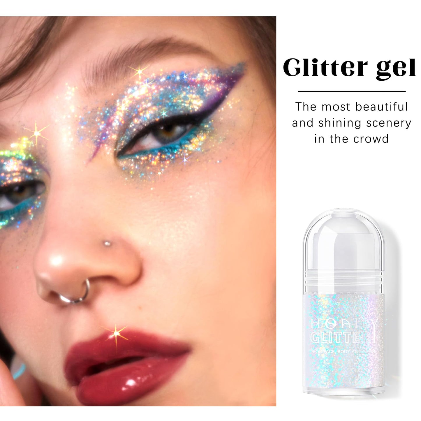 Roll-on Holographic Body Glitter Gel for Face Hair, Chameleon Color Changing Glitter Gel Under Light, Chunky Mermaid Sequins Festival Party Rave Accessories Shimmer Makeup (8# Sparkling Pink)