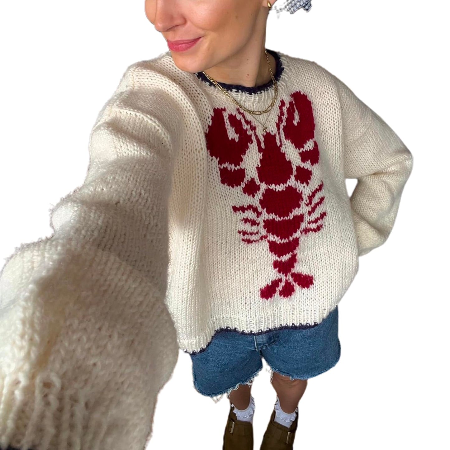 Women Lobster Knit Sweater Cardigan Y2k Long Sleeve Graphic Knitted Cardigans Goth Vintage Knitwear Fall Winter