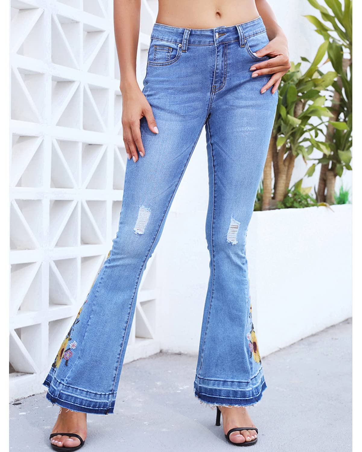 Lisskolo Bell Bottom Jeans for Women Flared Floral Embroidered Jean Wide Leg Denim Pants