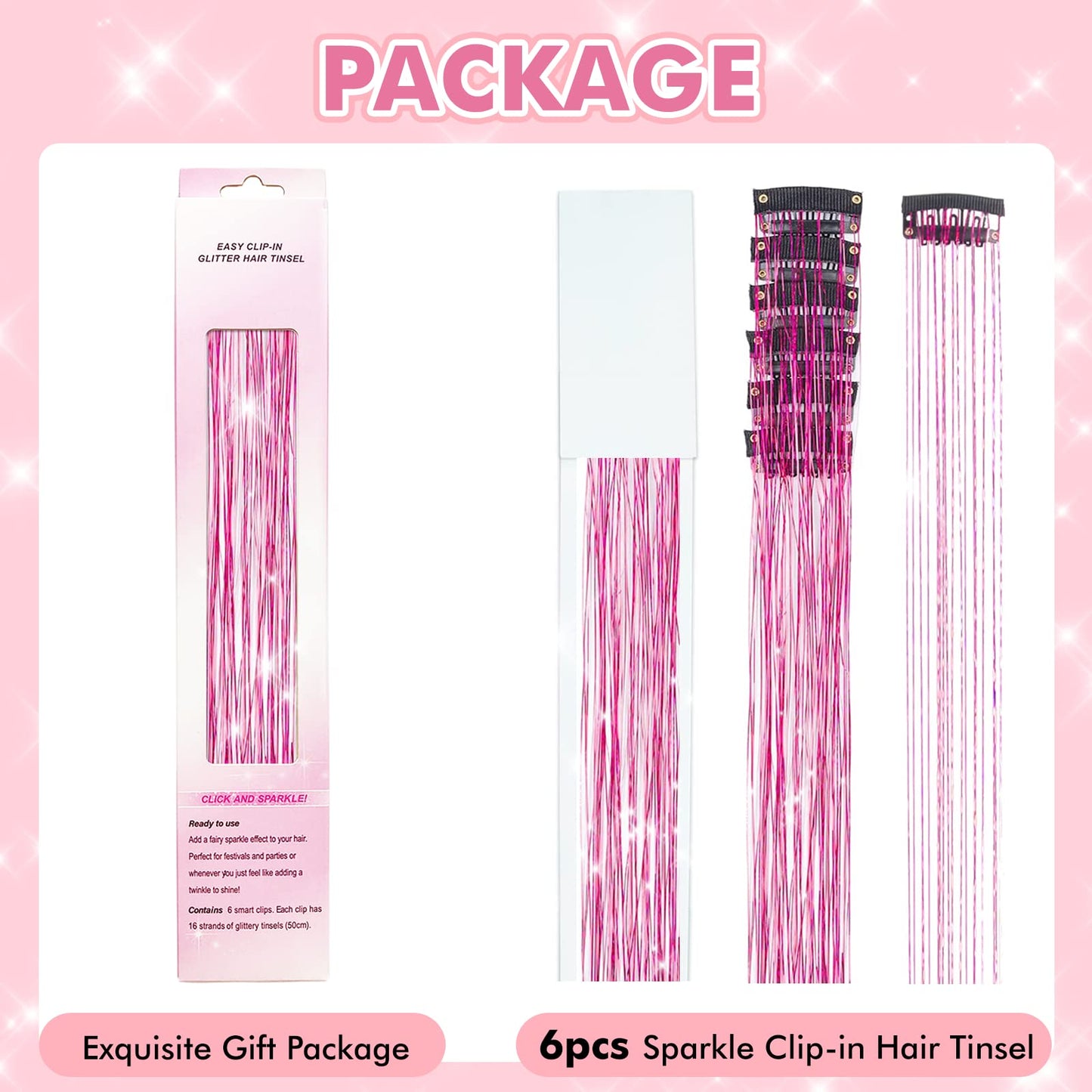 Clip in Hair Tinsel, POROLIR 6Pcs Glitter Fairy Tinsel Hair Extensions 20 Inch Shiny Hair Tinsel Heat Resistant, Sparkly Strands Hair Accessories, Festival Gift for Women Girls Kids (Silver)