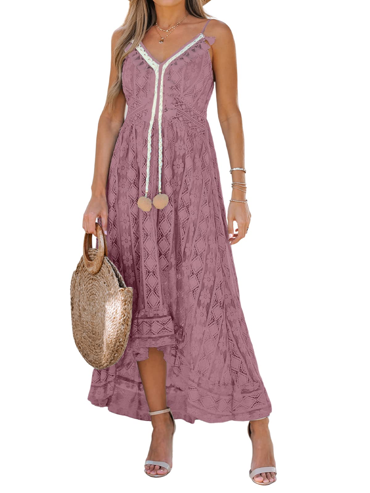 CUPSHE Women's Summer Dresses Sleeveless Lace Casual Tassel Beach Spaghetti Straps Flowy Maxi Sun Dress