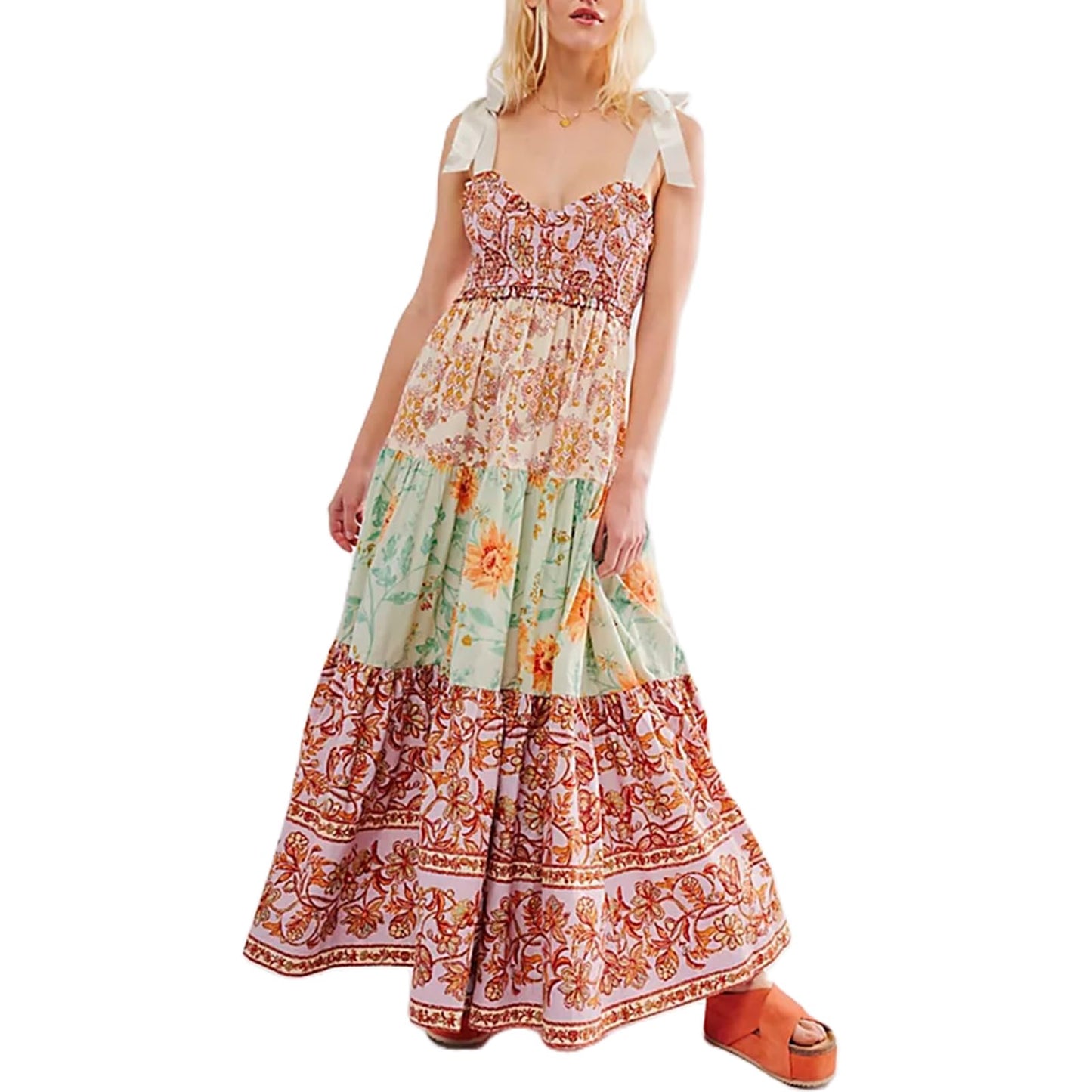 Women Summer Dresses Flowy Smocked Maxi Dress Sleeveless Tie Shoulder Boho Dresses Y2K Floral Beach Sundresses