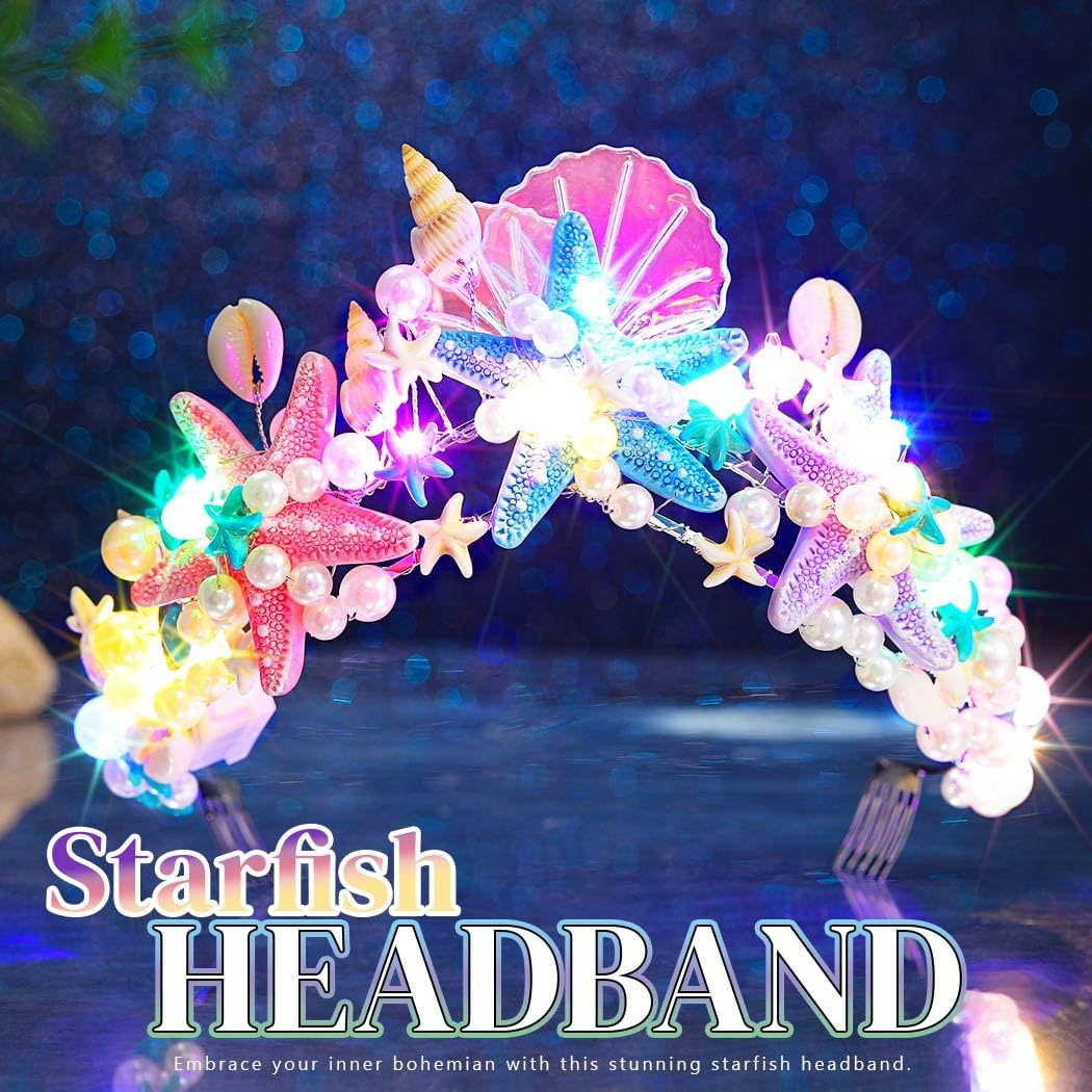 JEAIRTS Light Up Starfish Tiara and Crown Silver Led Beach Shell Mermaid Hair Accessories for Women