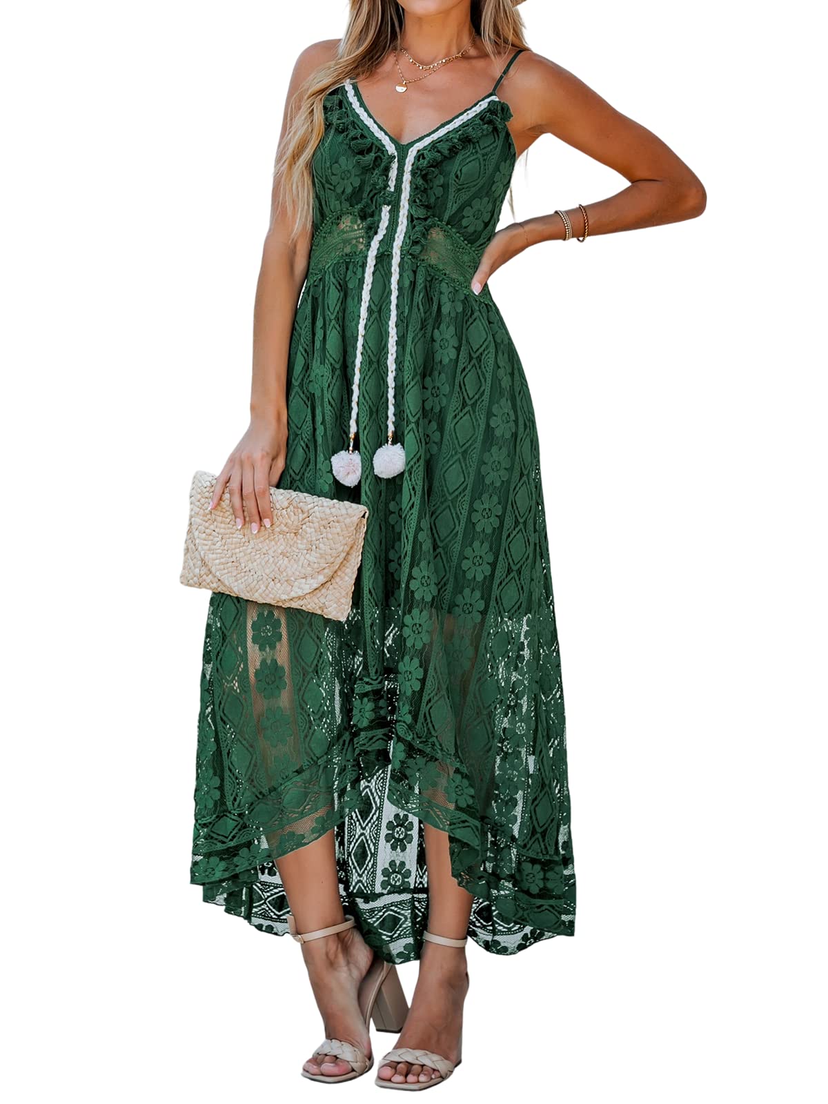 CUPSHE Women's Summer Dresses Sleeveless Lace Casual Tassel Beach Spaghetti Straps Flowy Maxi Sun Dress