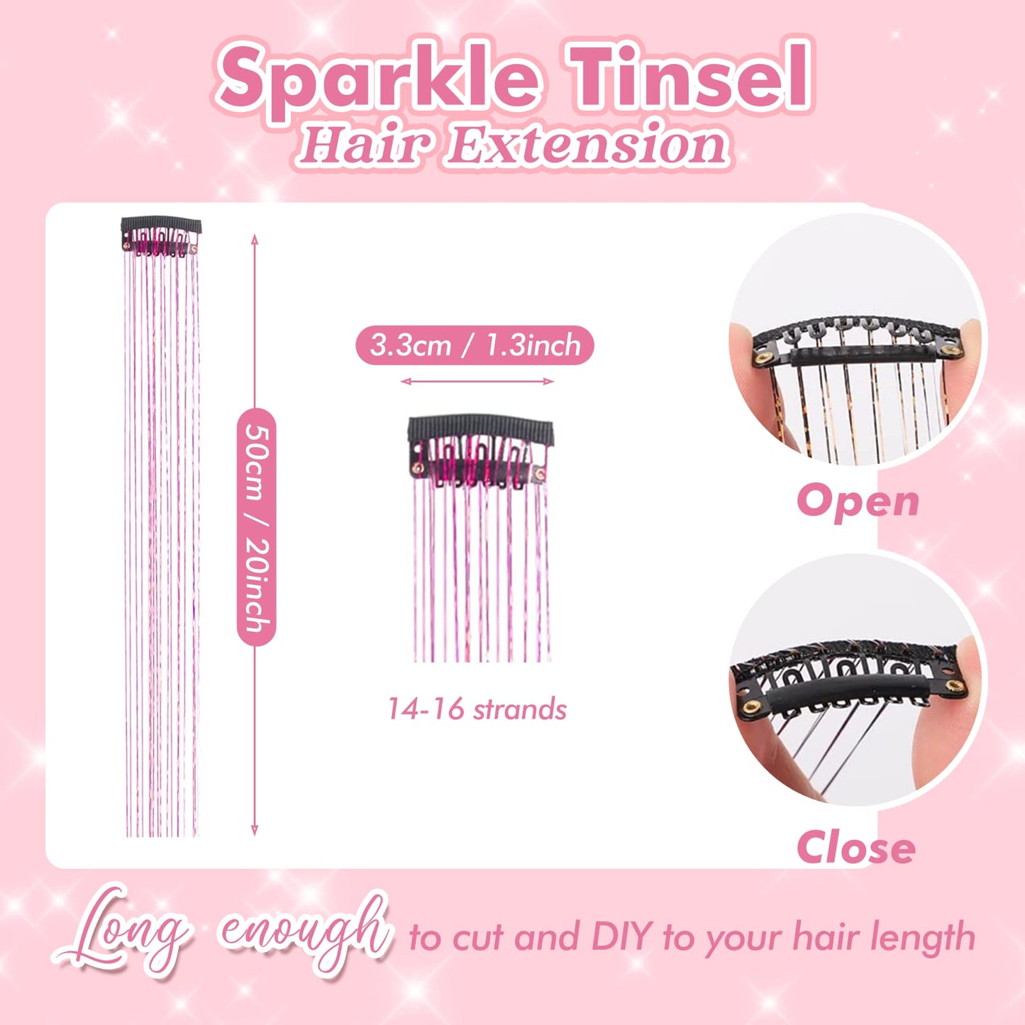 Clip in Hair Tinsel, POROLIR 6Pcs Glitter Fairy Tinsel Hair Extensions 20 Inch Shiny Hair Tinsel Heat Resistant, Sparkly Strands Hair Accessories, Festival Gift for Women Girls Kids (Silver)
