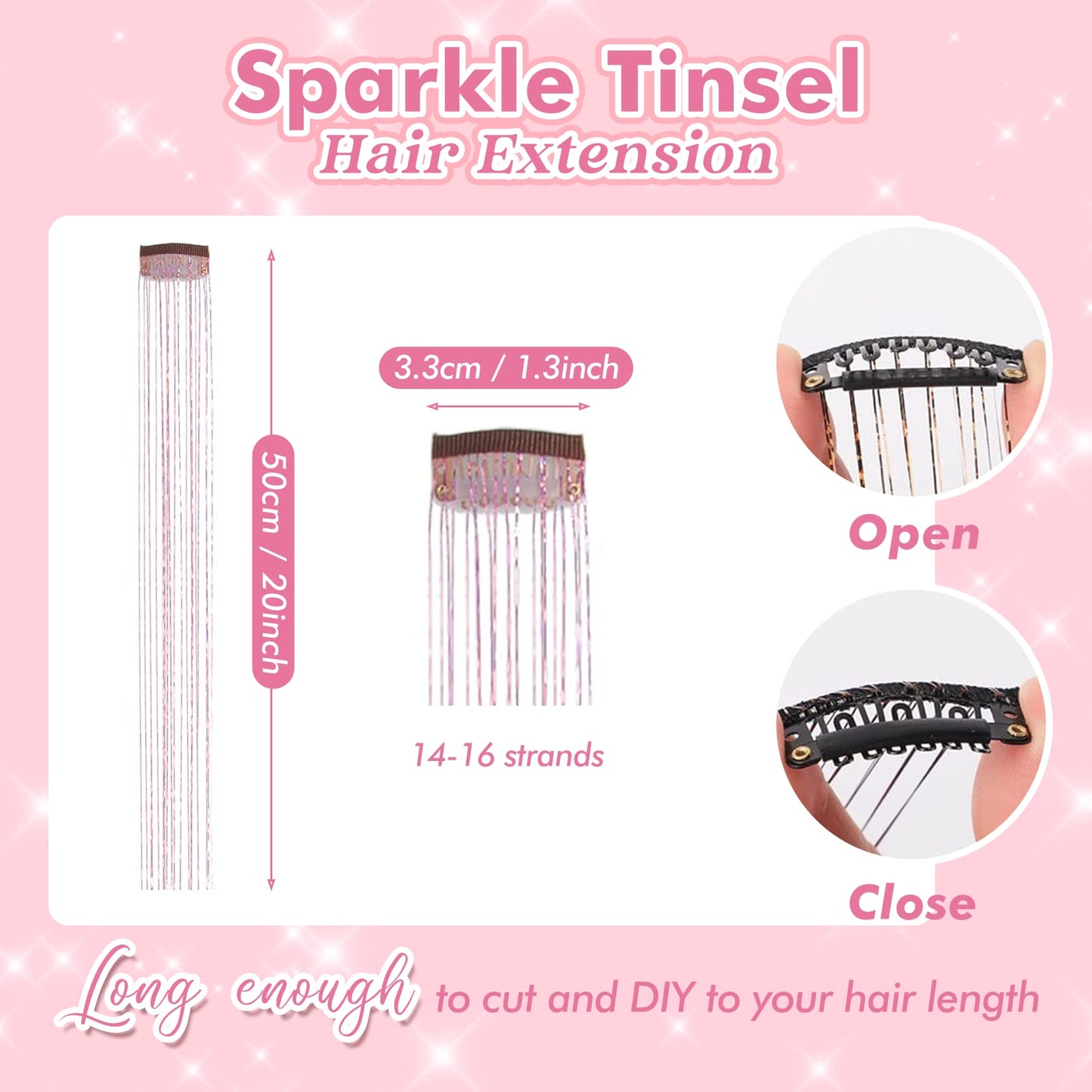Clip in Hair Tinsel, POROLIR 6Pcs Glitter Fairy Tinsel Hair Extensions 20 Inch Shiny Hair Tinsel Heat Resistant, Sparkly Strands Hair Accessories, Festival Gift for Women Girls Kids (Silver)