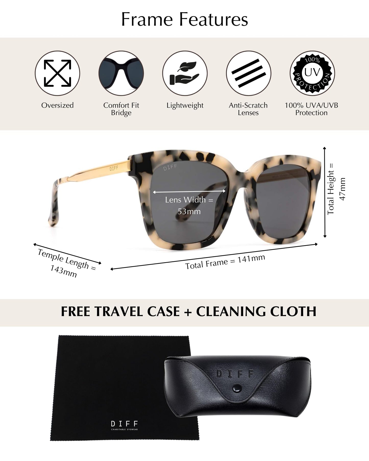 DIFF Bella Designer Square Oversized Sunglasses for Women UV400 Protection, Tortoise frame w/giftable travel case