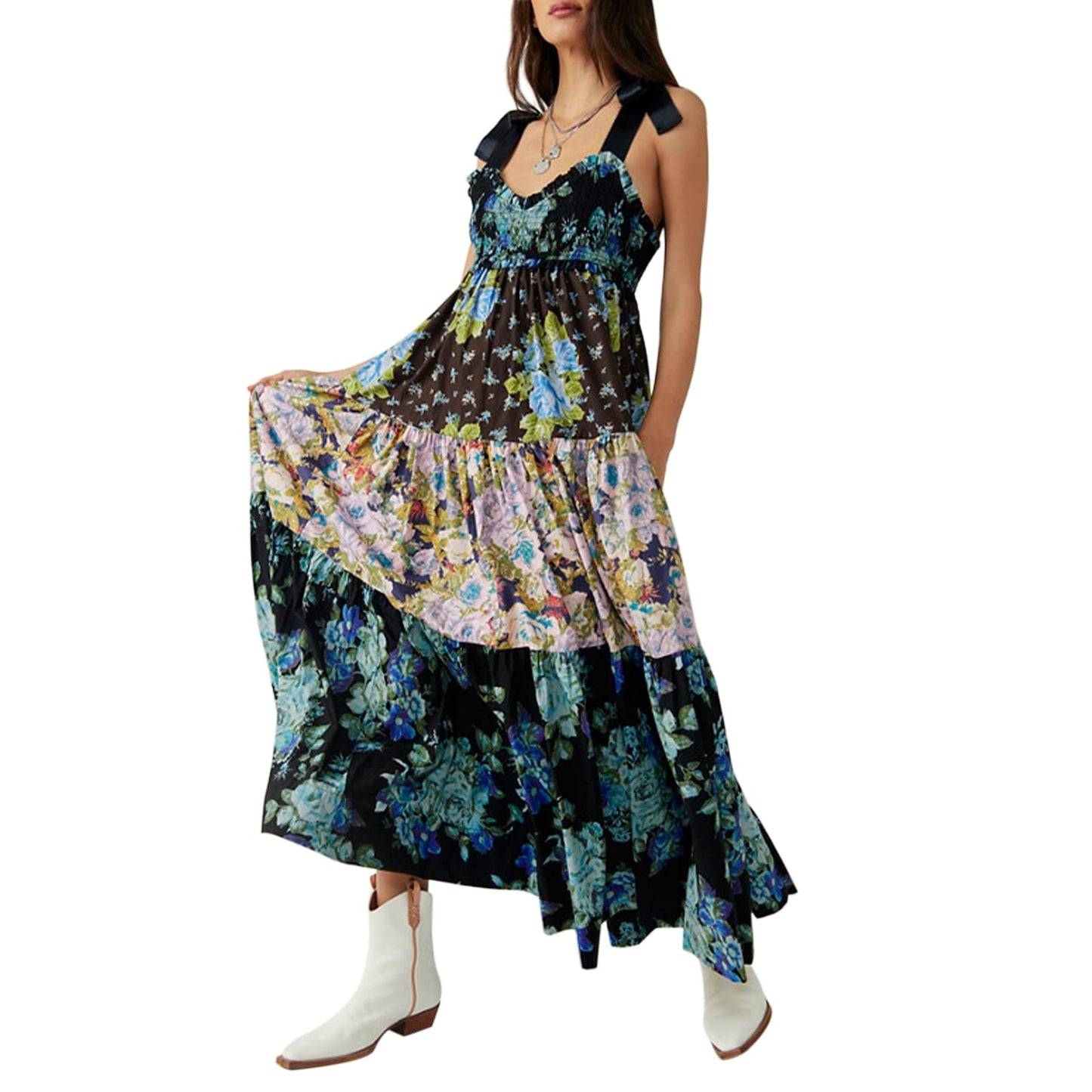 Women Summer Dresses Flowy Smocked Maxi Dress Sleeveless Tie Shoulder Boho Dresses Y2K Floral Beach Sundresses
