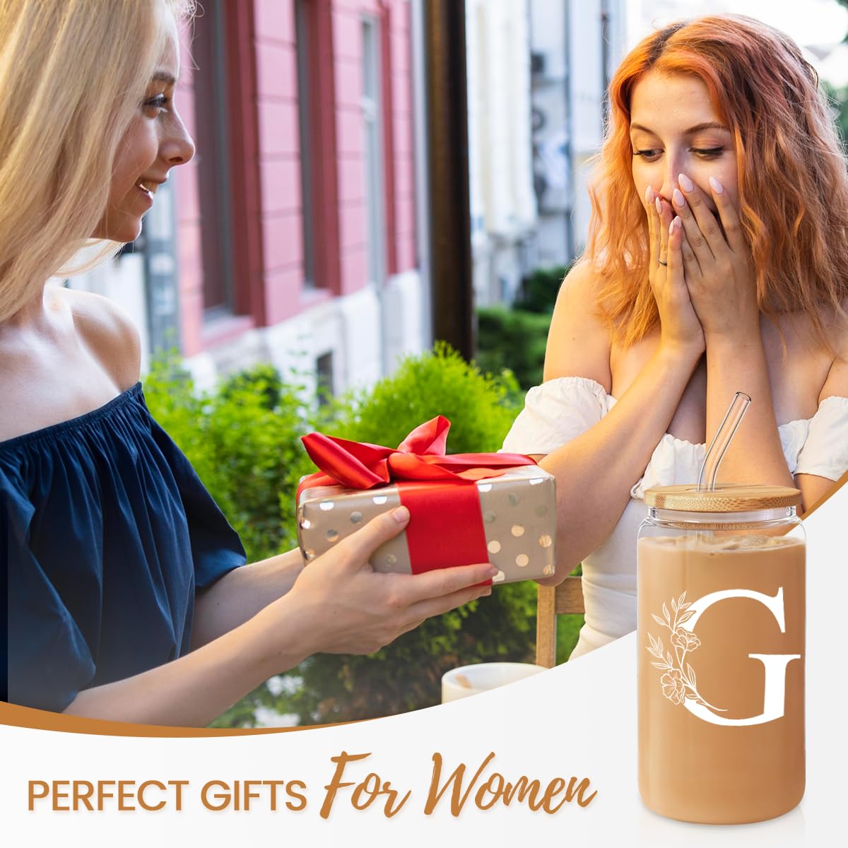 SANDJEST Monogrammed Gifts for Women - Monogram D Initial Glass Cup 16 Oz Can Coffee Cups with Lid and Straw - Monogram Initials Gifts for Womens on Birthday