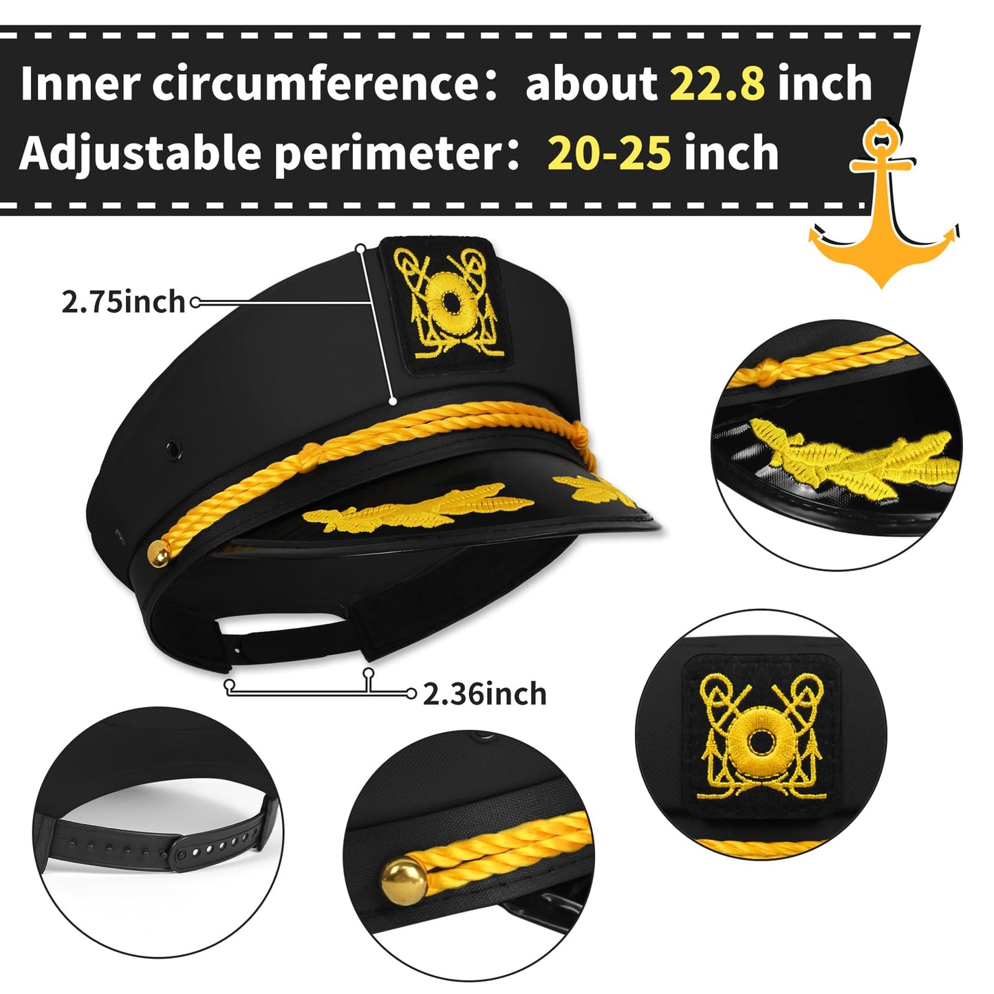 dodowin Captain Hat for Men Women Adjustable Sailor Hats Boat Cruise Yacht Rock Party Costume Beach Essential Hawaiian Outfit