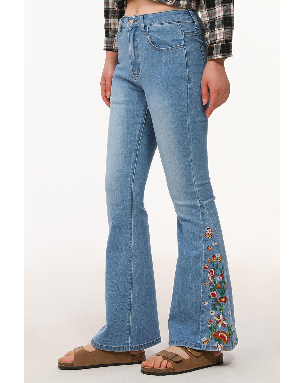 Lisskolo Bell Bottom Jeans for Women Flared Floral Embroidered Jean Wide Leg Denim Pants