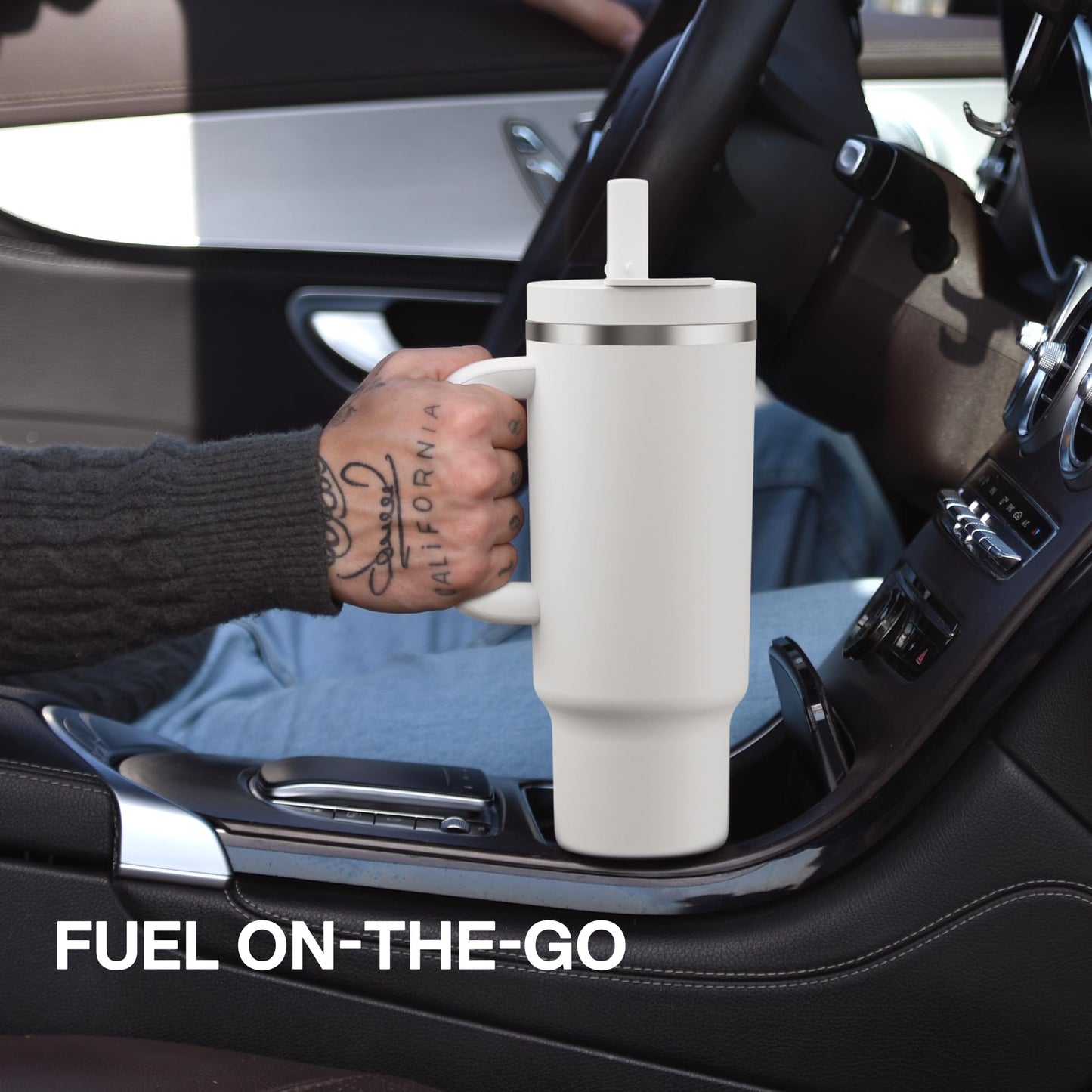 32 oz Tumbler with Handle and Straw: Stainless Steel Insulated Tumbler Keeps Cold for 24 Hours, Leakproof Travel Cup Fits in Cup Holder and BPA-Free, Aquamarine Blue