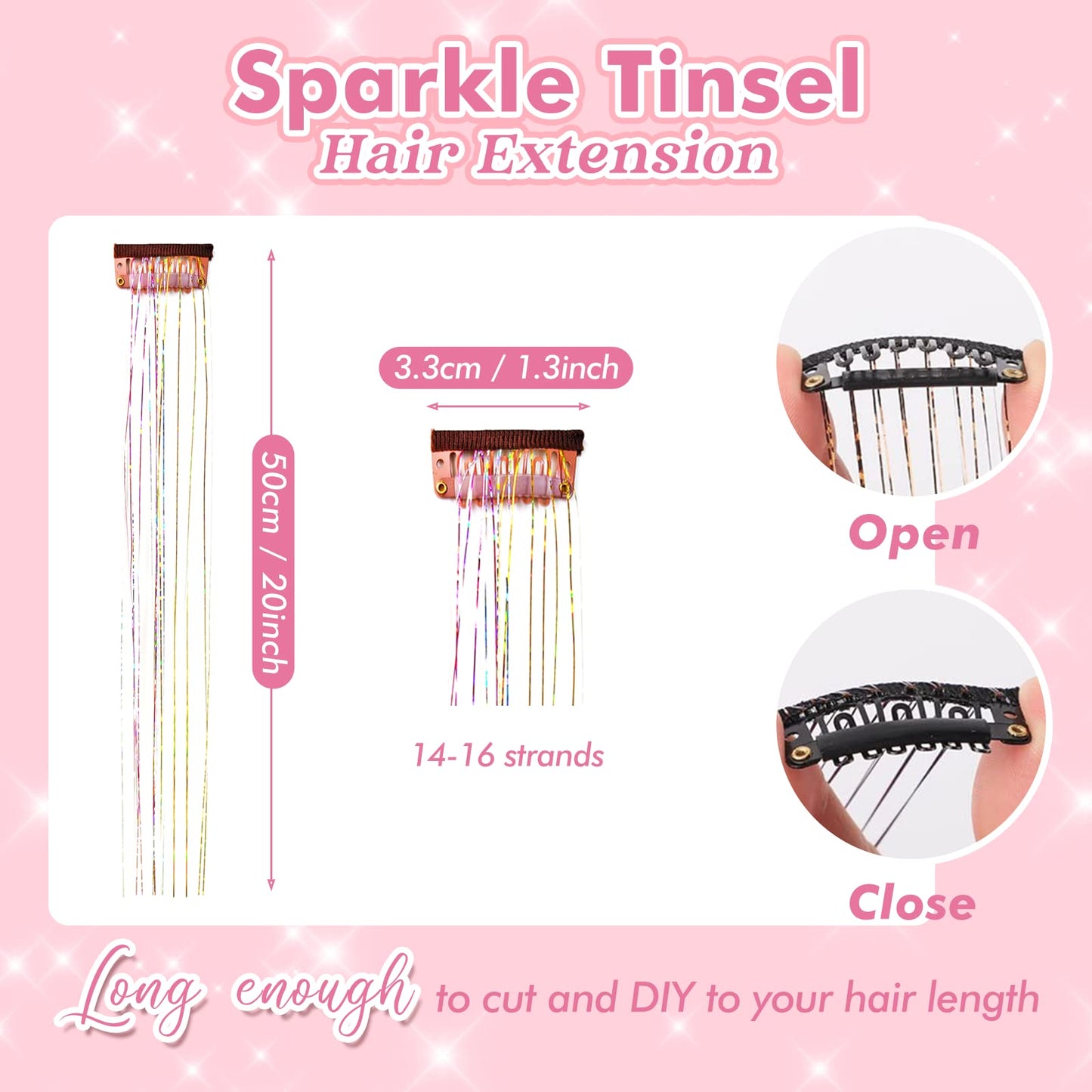 Clip in Hair Tinsel, POROLIR 6Pcs Glitter Fairy Tinsel Hair Extensions 20 Inch Shiny Hair Tinsel Heat Resistant, Sparkly Strands Hair Accessories, Festival Gift for Women Girls Kids (Silver)