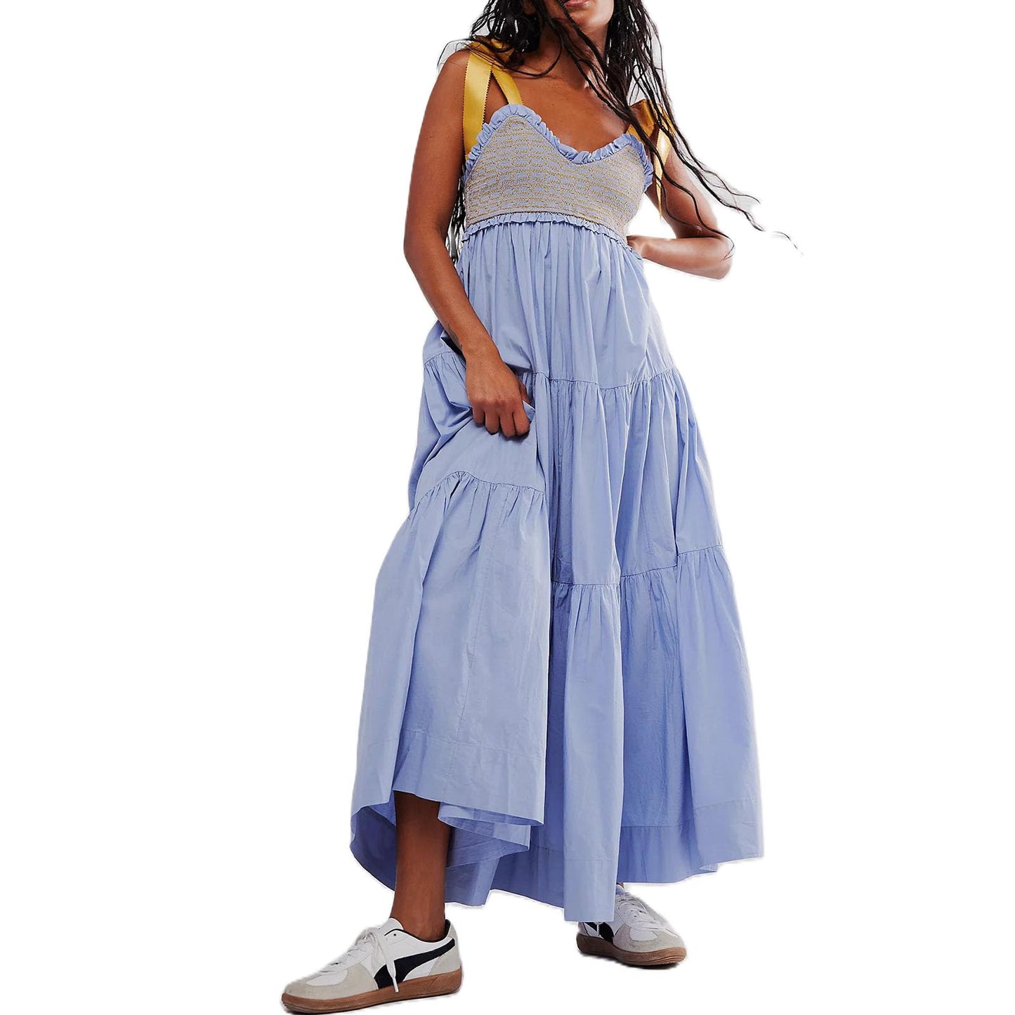 Women Summer Dresses Flowy Smocked Maxi Dress Sleeveless Tie Shoulder Boho Dresses Y2K Floral Beach Sundresses