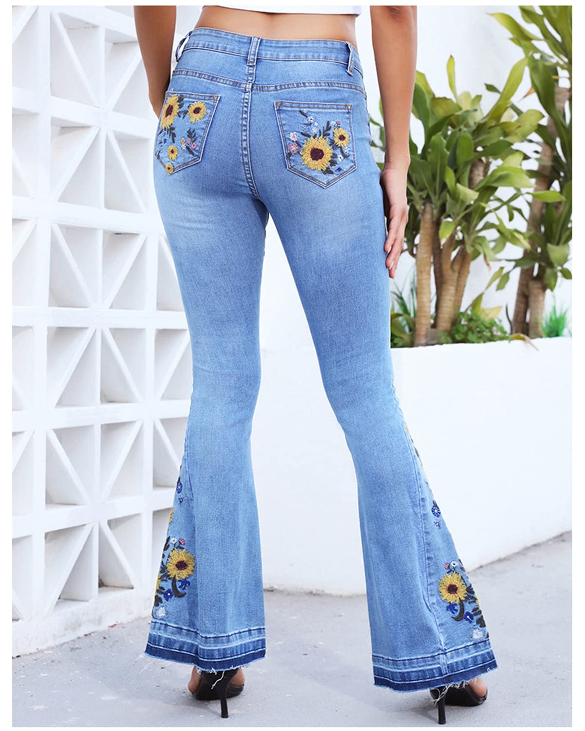 Lisskolo Bell Bottom Jeans for Women Flared Floral Embroidered Jean Wide Leg Denim Pants
