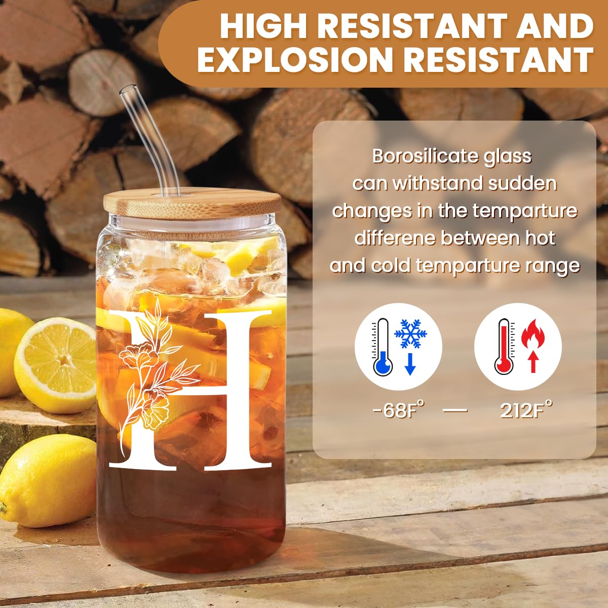 SANDJEST Monogrammed Gifts for Women - Monogram D Initial Glass Cup 16 Oz Can Coffee Cups with Lid and Straw - Monogram Initials Gifts for Womens on Birthday