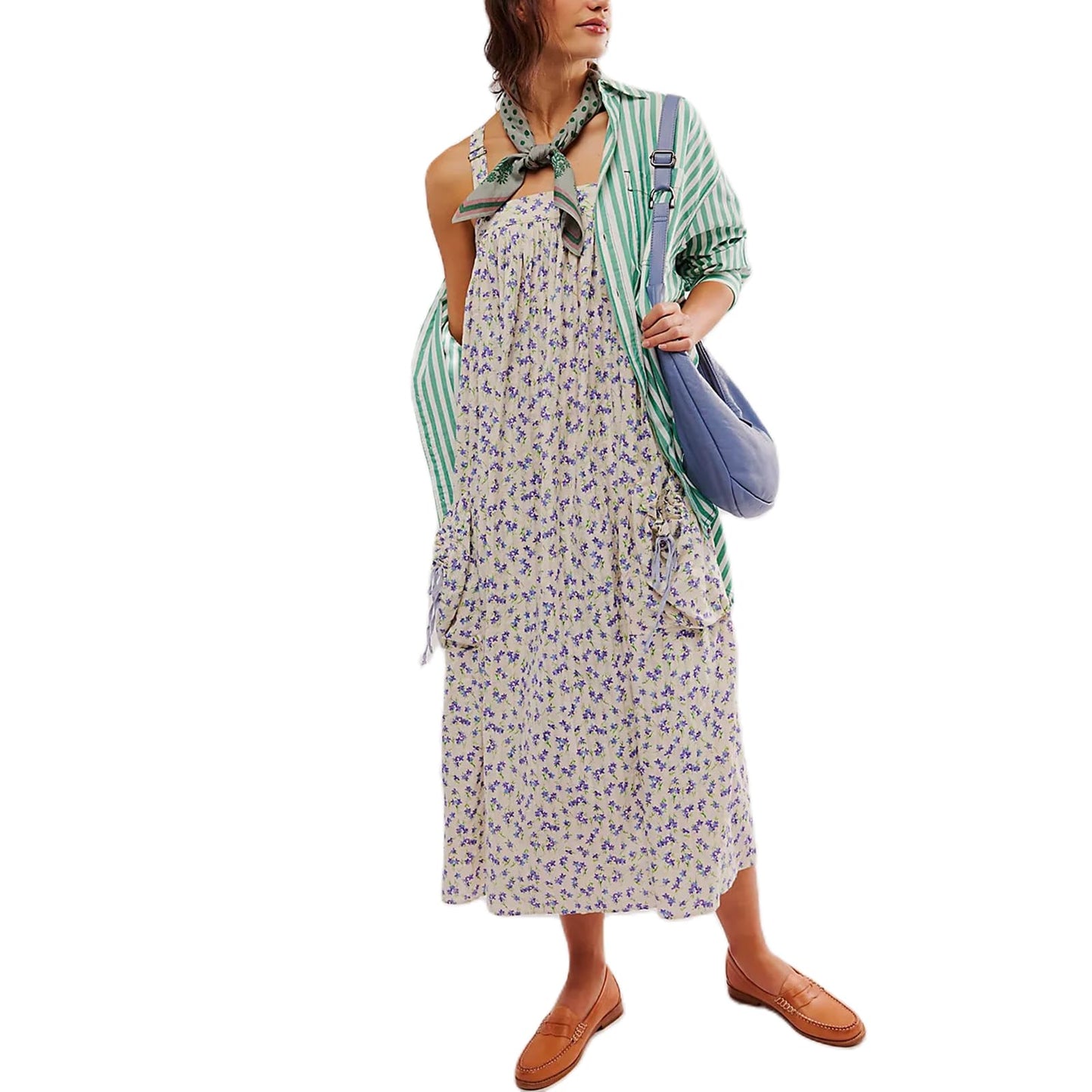 Women Summer Dresses Flowy Smocked Maxi Dress Sleeveless Tie Shoulder Boho Dresses Y2K Floral Beach Sundresses