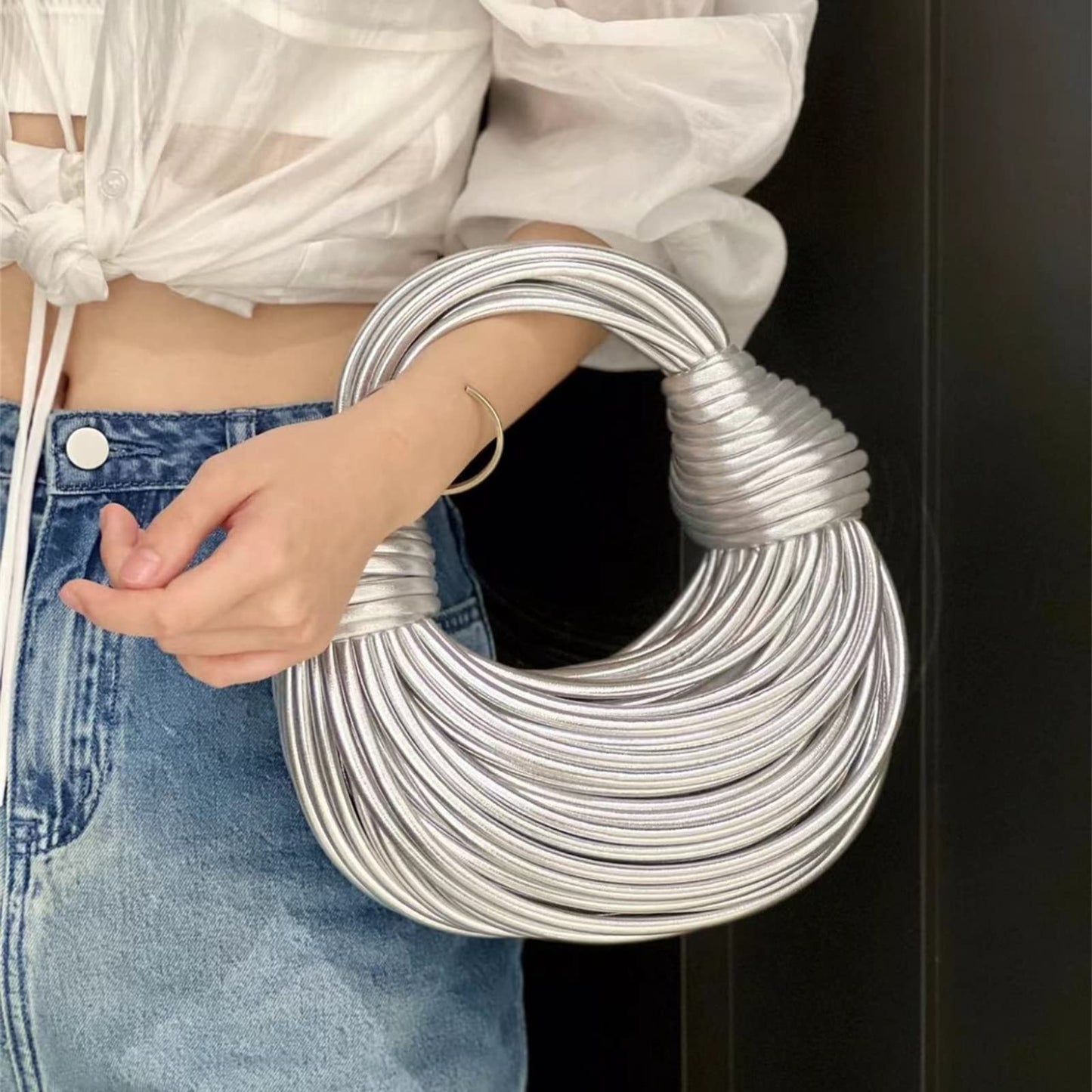 Woven Crossbody Bag for Women, Small Leather Clutch Purse Knotted Bread Handbag Top Handle Noodles Shoulder Bag.