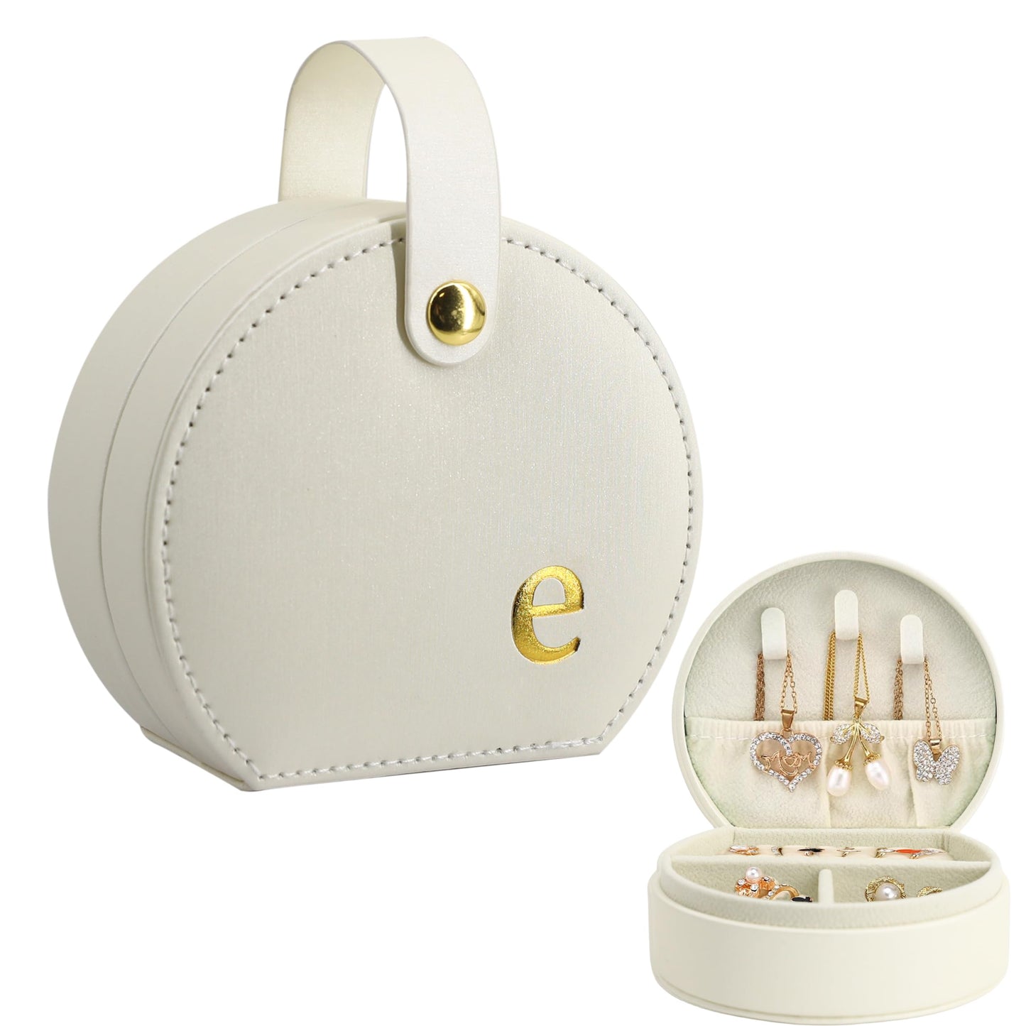 COLLECTIVE HOME - Travel Jewelry Case, Elegant Half-Moon Design with Gold Monogram, Detachable Handle, Personalized Accessory Organizer, Gift for Fashion-Forward Women and Teens (s)