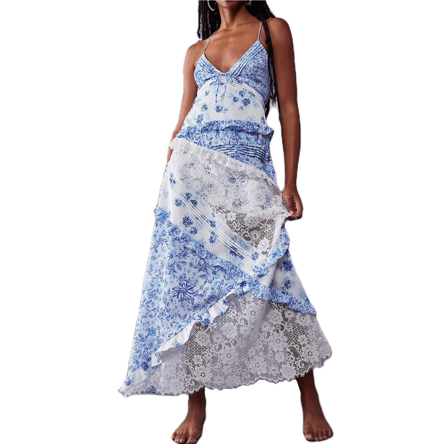 Women Summer Dresses Flowy Smocked Maxi Dress Sleeveless Tie Shoulder Boho Dresses Y2K Floral Beach Sundresses