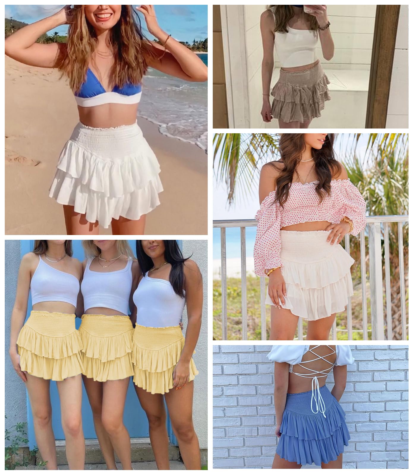 Women's Cute High Waist Ruffle Mini Skirt Layered Ruffle Hem Flared Flowy Casual Swing Beach Mini Short Skirt