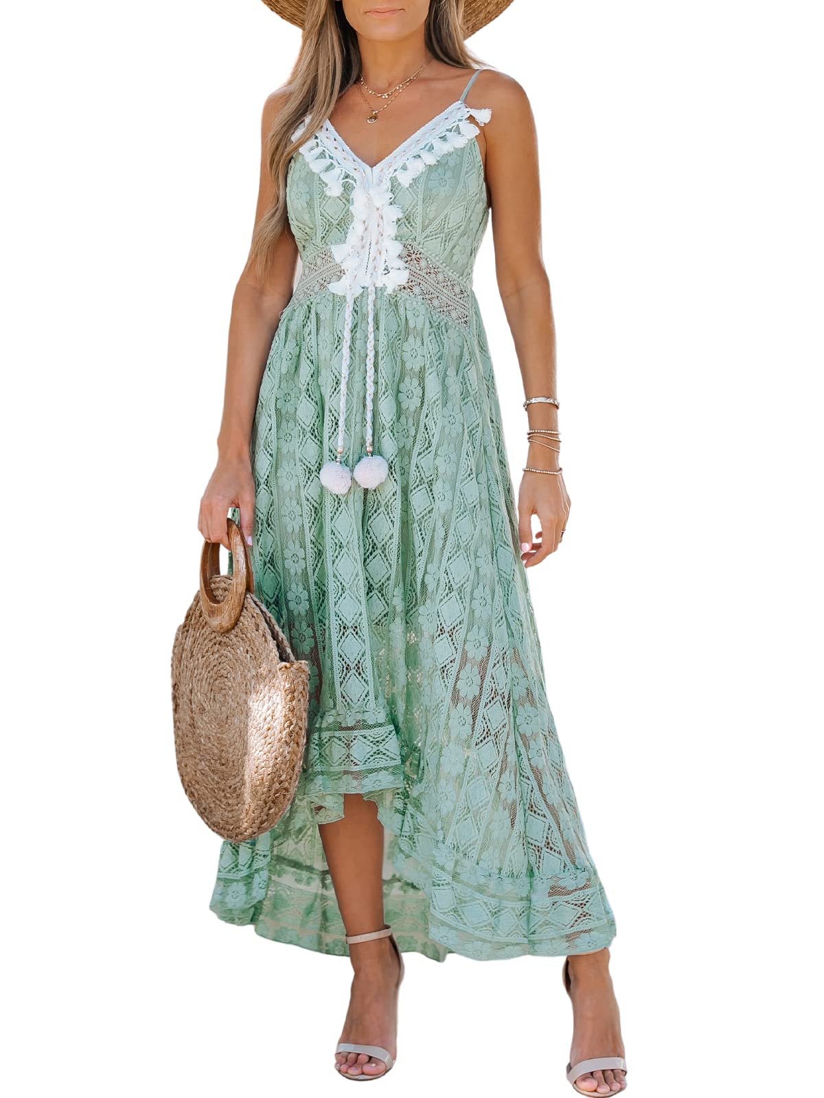 CUPSHE Women's Summer Dresses Sleeveless Lace Casual Tassel Beach Spaghetti Straps Flowy Maxi Sun Dress