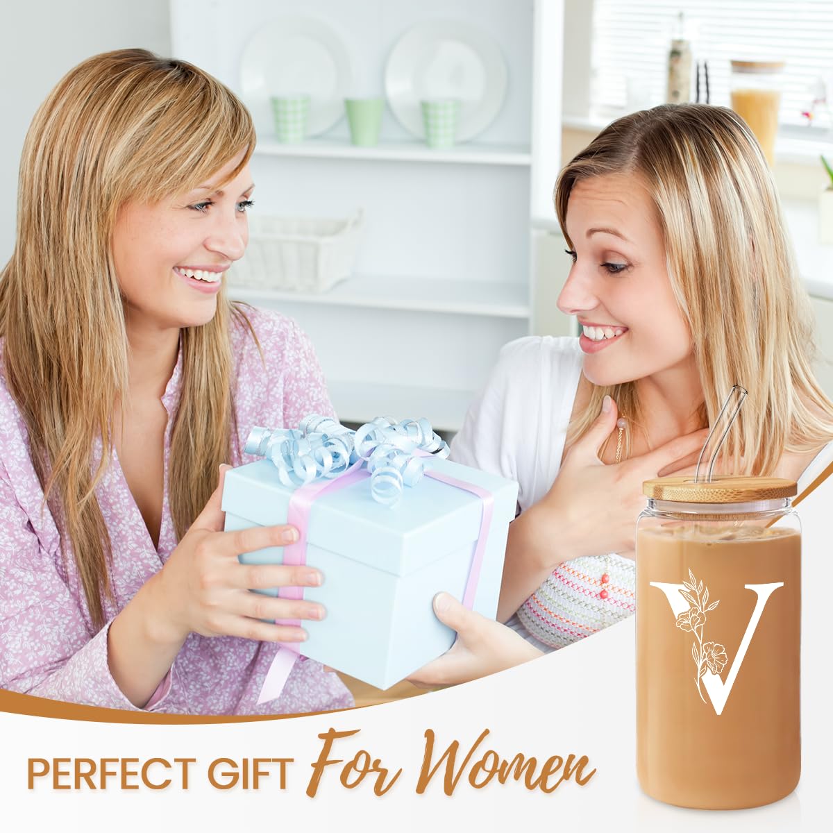 SANDJEST Monogrammed Gifts for Women - Monogram D Initial Glass Cup 16 Oz Can Coffee Cups with Lid and Straw - Monogram Initials Gifts for Womens on Birthday