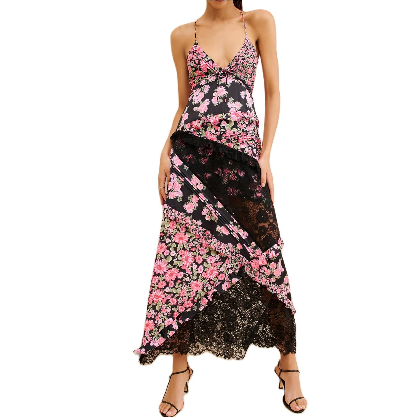 Women Summer Dresses Flowy Smocked Maxi Dress Sleeveless Tie Shoulder Boho Dresses Y2K Floral Beach Sundresses