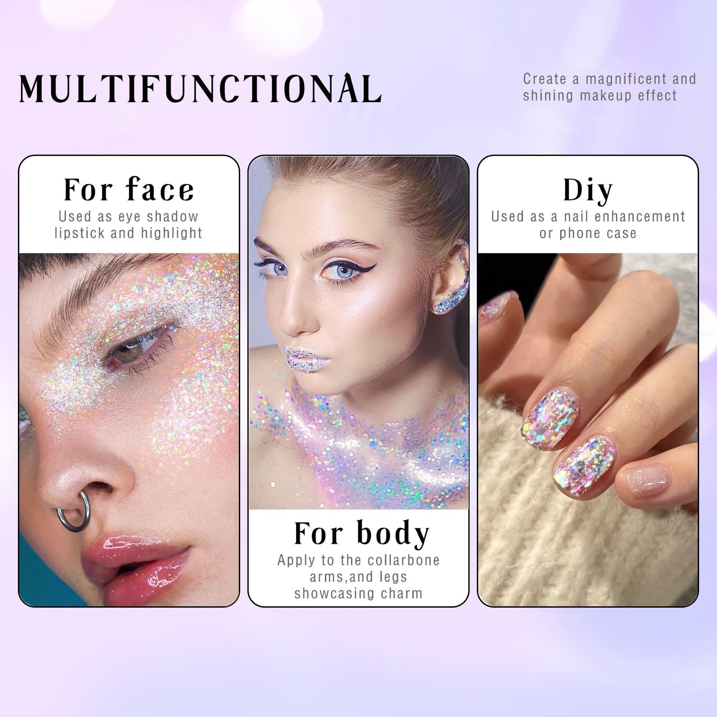 Roll-on Holographic Body Glitter Gel for Face Hair, Chameleon Color Changing Glitter Gel Under Light, Chunky Mermaid Sequins Festival Party Rave Accessories Shimmer Makeup (8# Sparkling Pink)