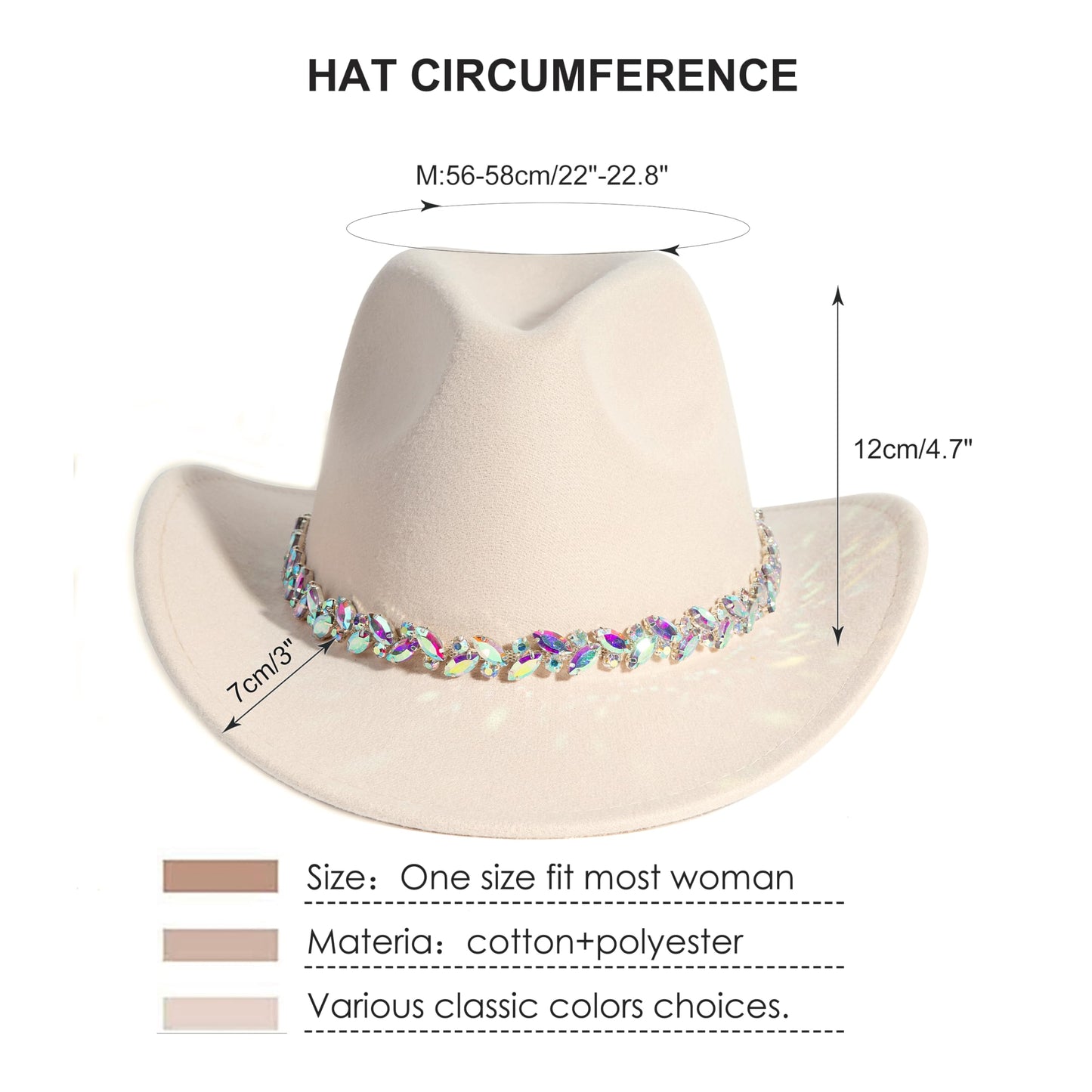 Women Rhinestone Cowboy Hat Wide Brim Felt Cowgirl Hats Shiny Party Wedding Hat