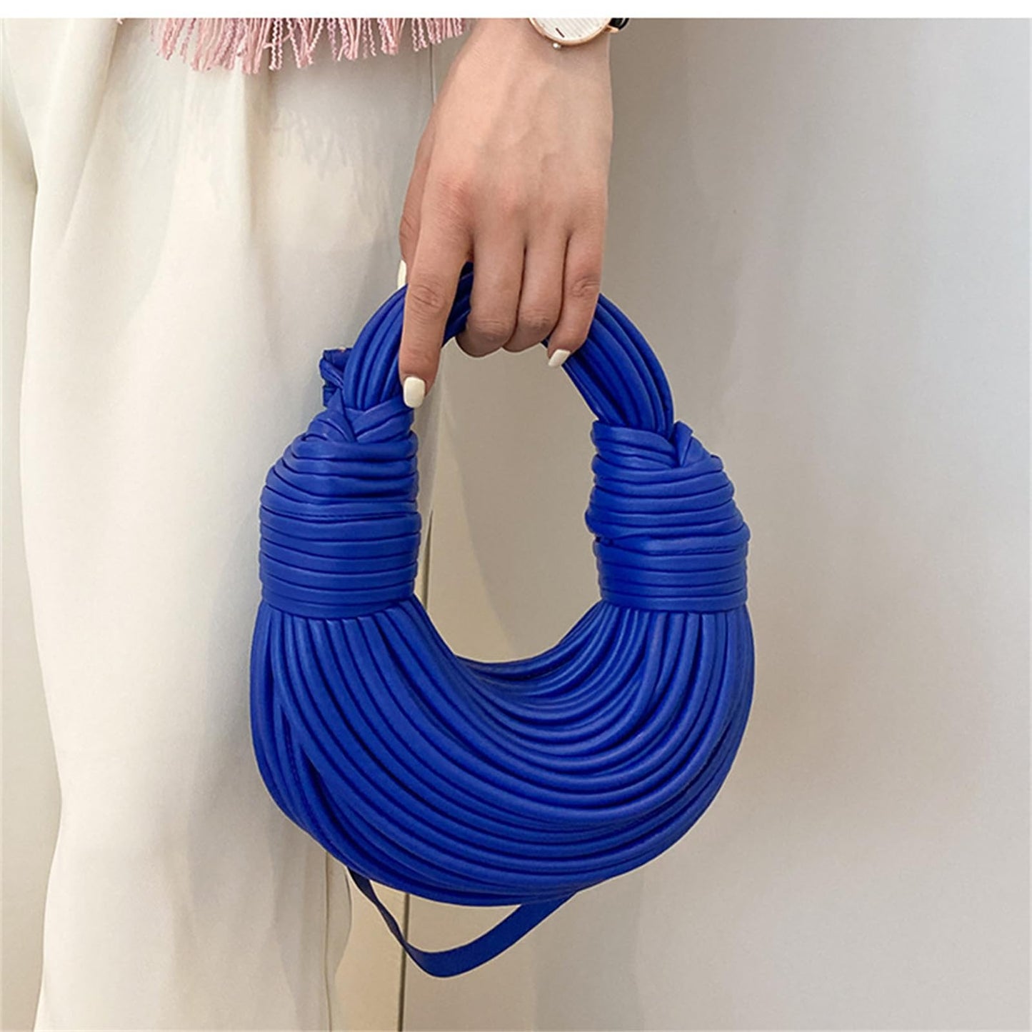 Woven Crossbody Bag for Women, Small Leather Clutch Purse Knotted Bread Handbag Top Handle Noodles Shoulder Bag.