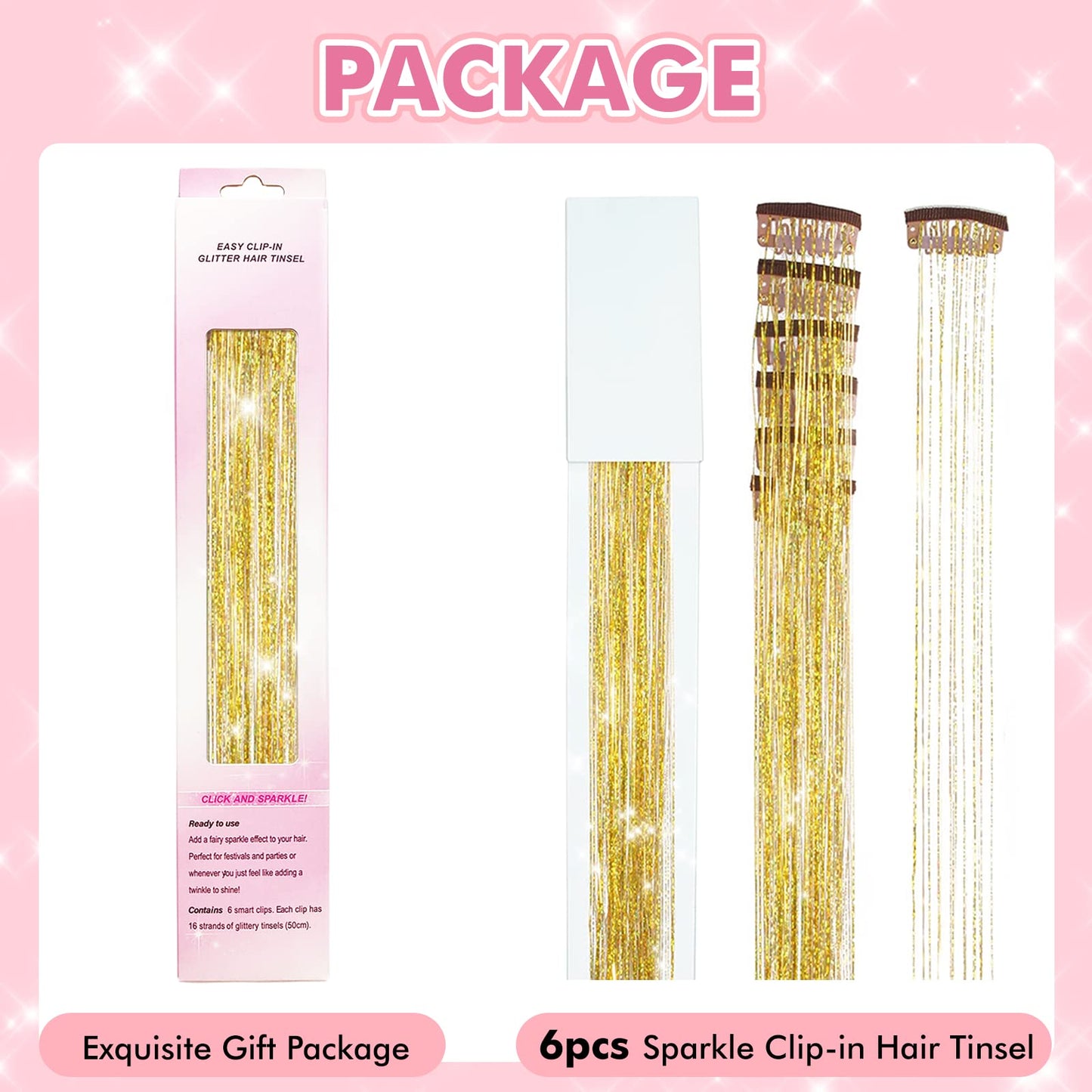 Clip in Hair Tinsel, POROLIR 6Pcs Glitter Fairy Tinsel Hair Extensions 20 Inch Shiny Hair Tinsel Heat Resistant, Sparkly Strands Hair Accessories, Festival Gift for Women Girls Kids (Silver)