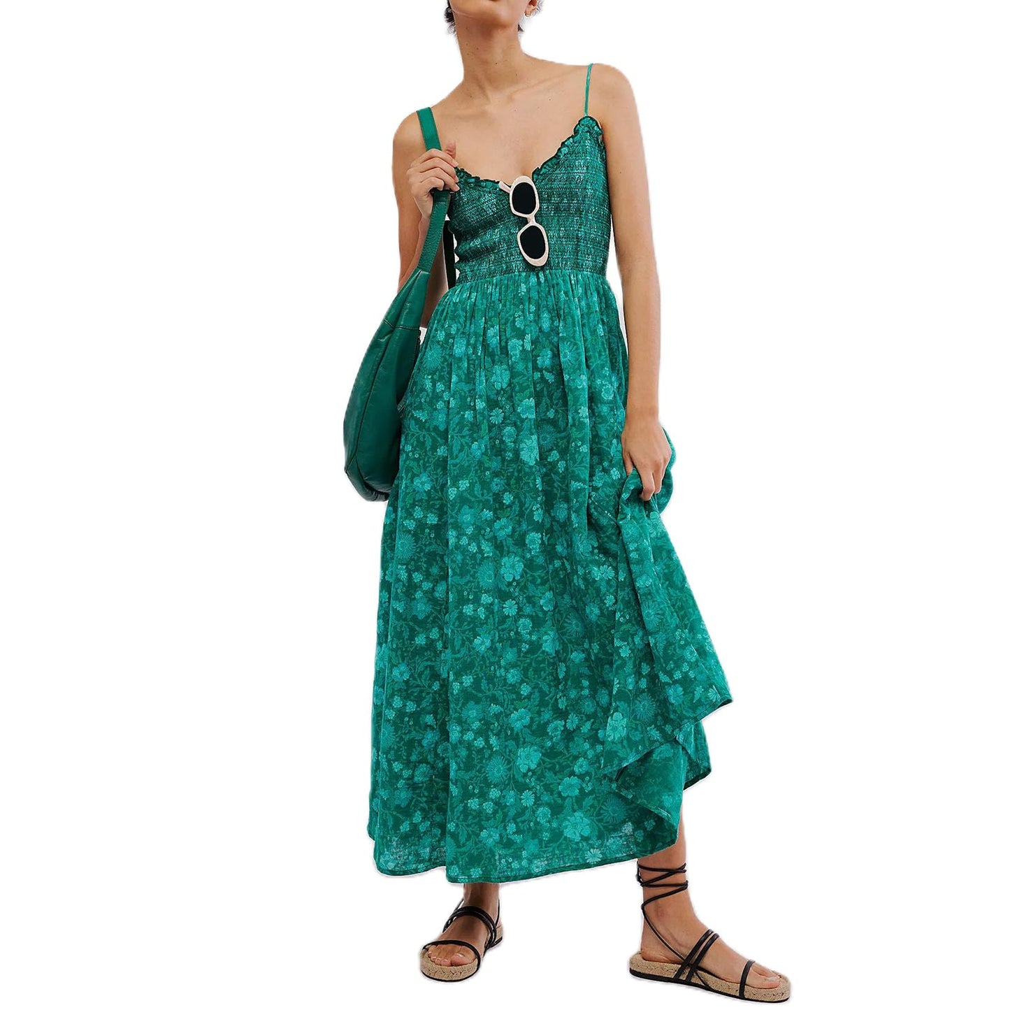 Women Summer Dresses Flowy Smocked Maxi Dress Sleeveless Tie Shoulder Boho Dresses Y2K Floral Beach Sundresses