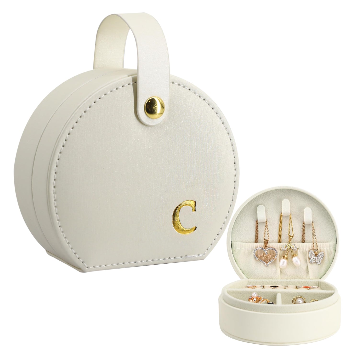 COLLECTIVE HOME - Travel Jewelry Case, Elegant Half-Moon Design with Gold Monogram, Detachable Handle, Personalized Accessory Organizer, Gift for Fashion-Forward Women and Teens (s)