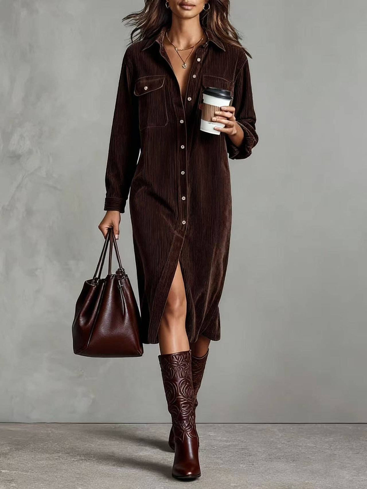 Suhkasana - Corduroy Shirt Dress Long Sleeve Button Down Midi: Dark Brown / 100%Polyester / S