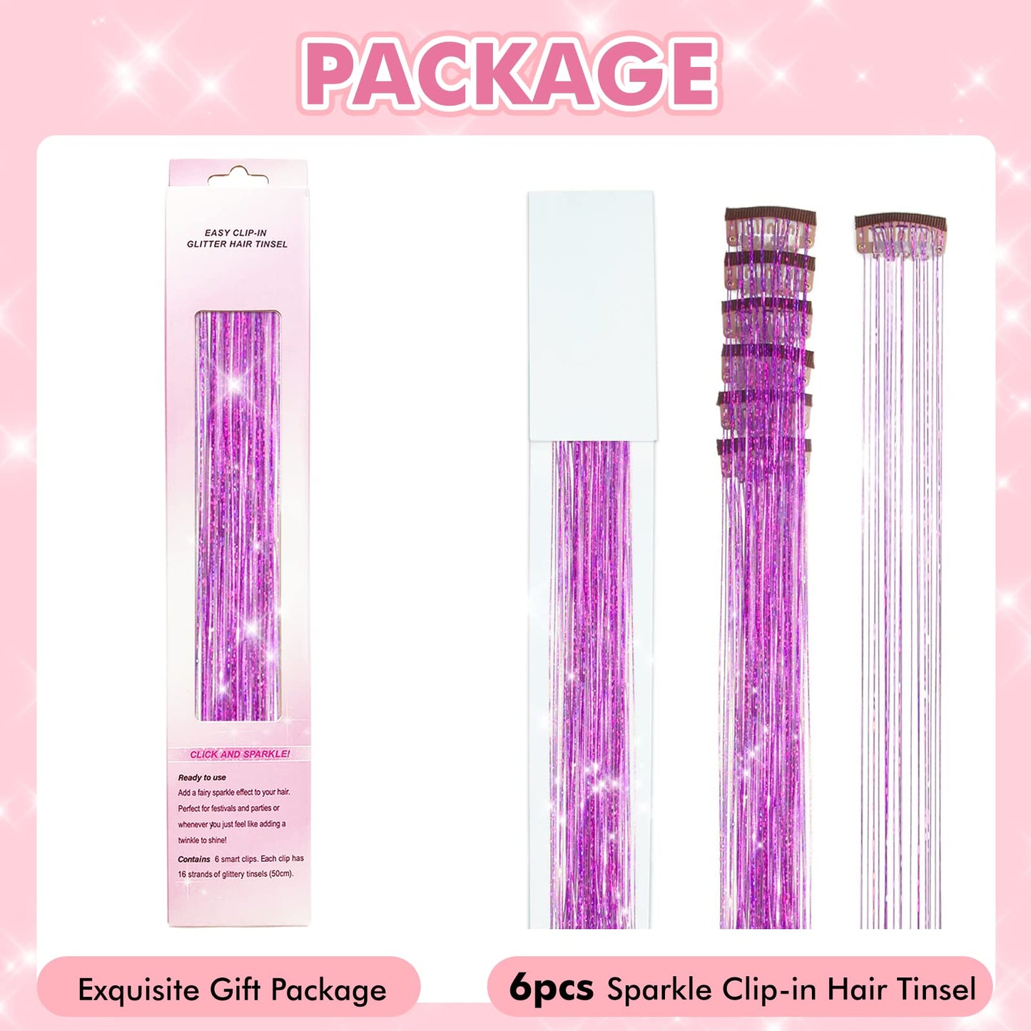 Clip in Hair Tinsel, POROLIR 6Pcs Glitter Fairy Tinsel Hair Extensions 20 Inch Shiny Hair Tinsel Heat Resistant, Sparkly Strands Hair Accessories, Festival Gift for Women Girls Kids (Silver)