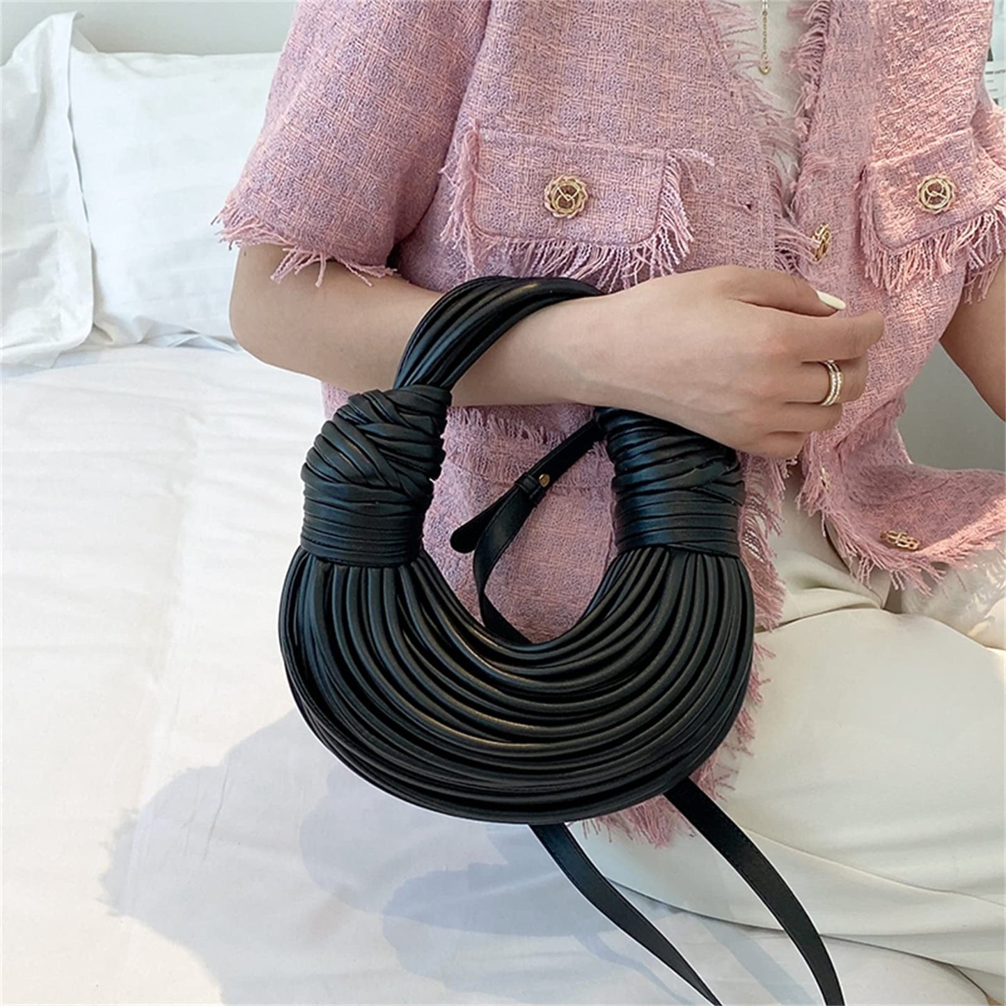 Woven Crossbody Bag for Women, Small Leather Clutch Purse Knotted Bread Handbag Top Handle Noodles Shoulder Bag.