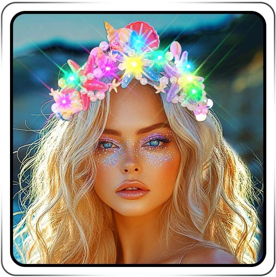 JEAIRTS Light Up Starfish Tiara and Crown Silver Led Beach Shell Mermaid Hair Accessories for Women