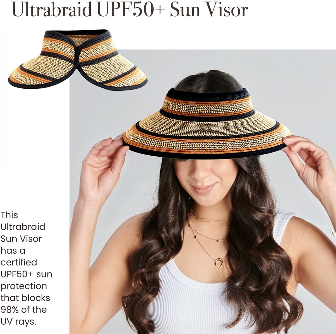 San Diego Hat Company Women's One Size Ultrabraid Visor with Ribbon Trim and Black Velcro, Mixed Brown